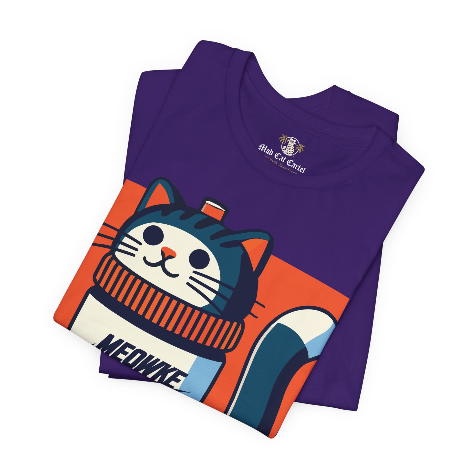 Things to get cat lovers – purple unisex tee, folded view, Meowke Swoosh cartoon cat bottle print