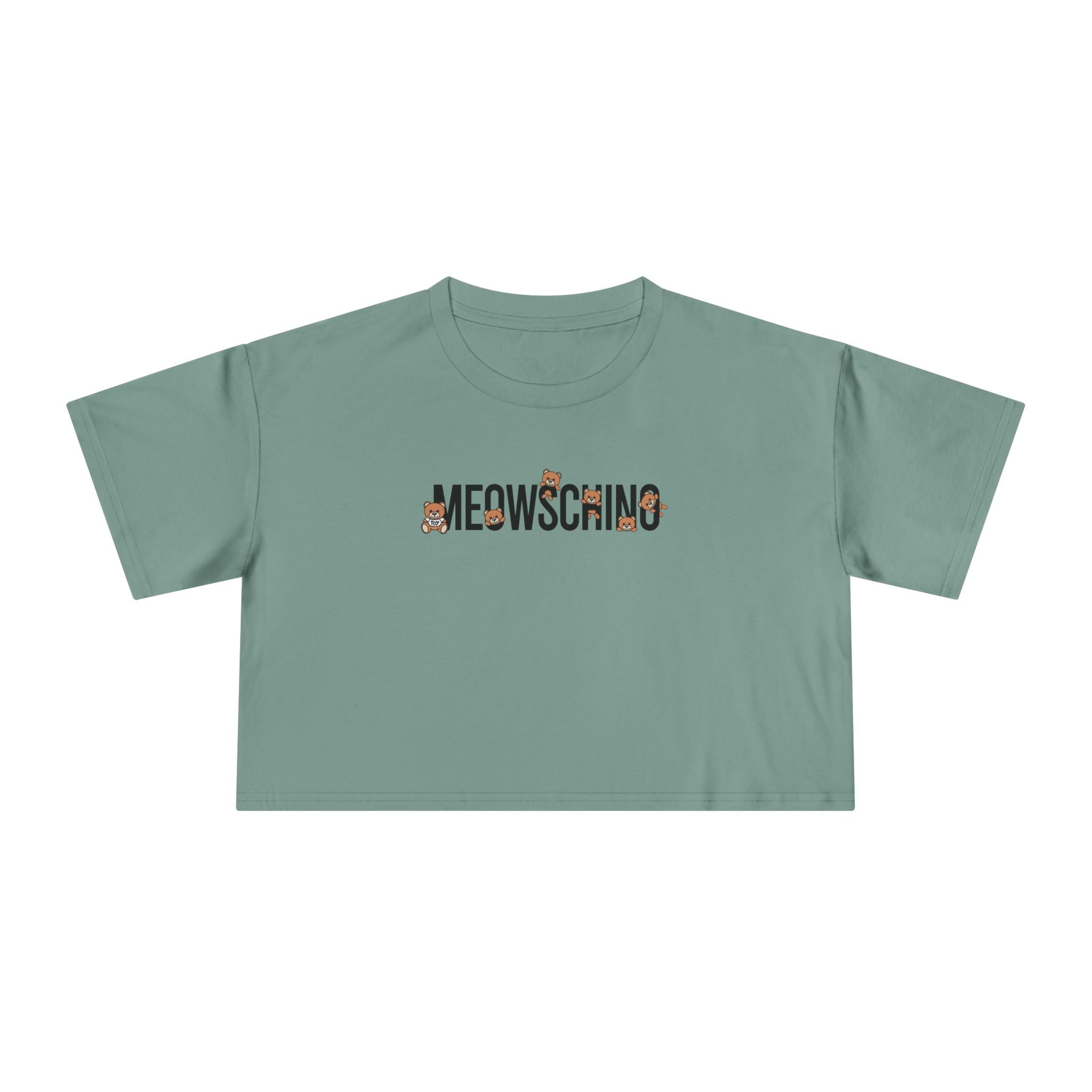 Meowschino Bear Logo Graphic Women's Crop T Shirt, sage green front view cat themed clothes