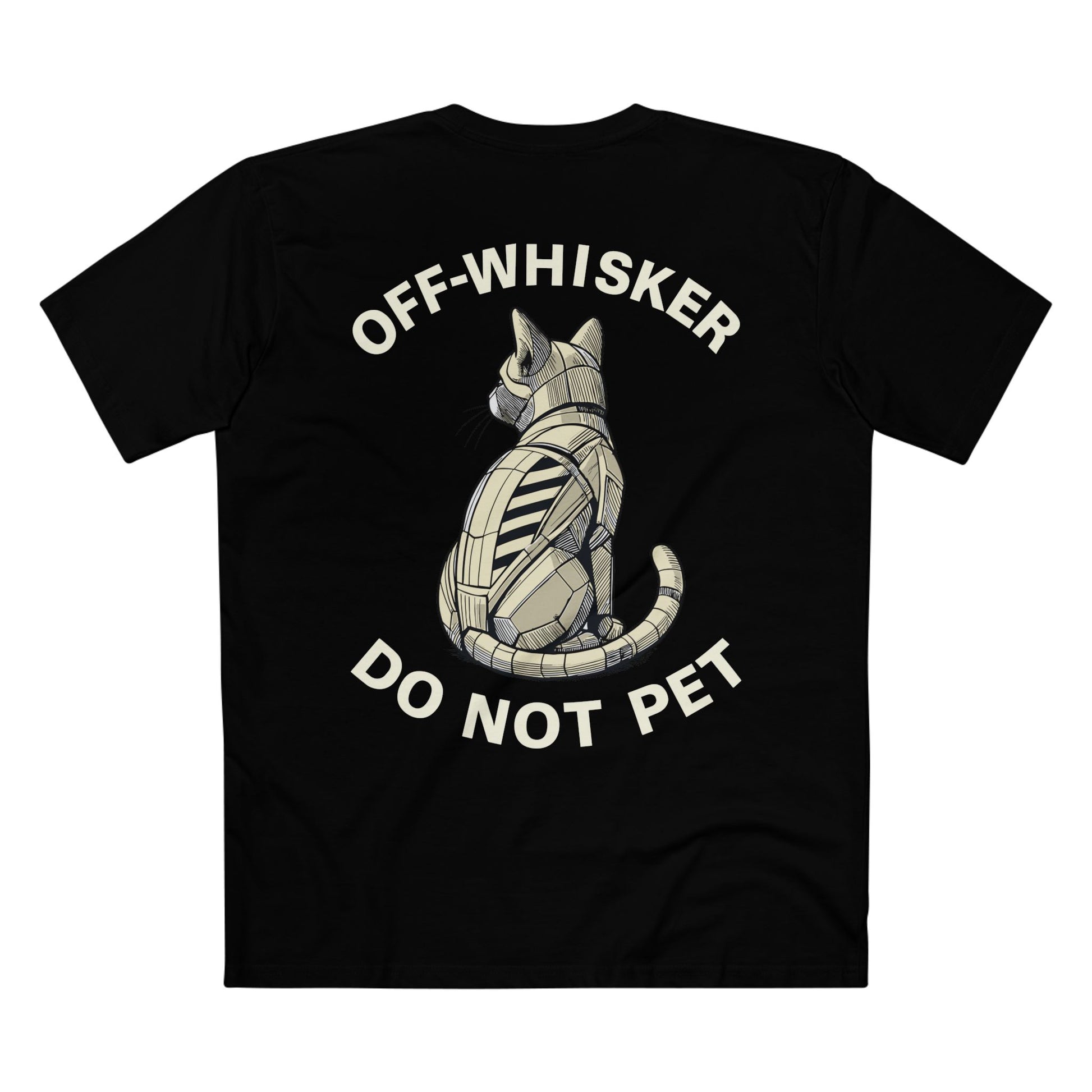 Black Off-Whisker Gen-01 Mech Cat tee, back view – cool gifts for cat lovers, unisex