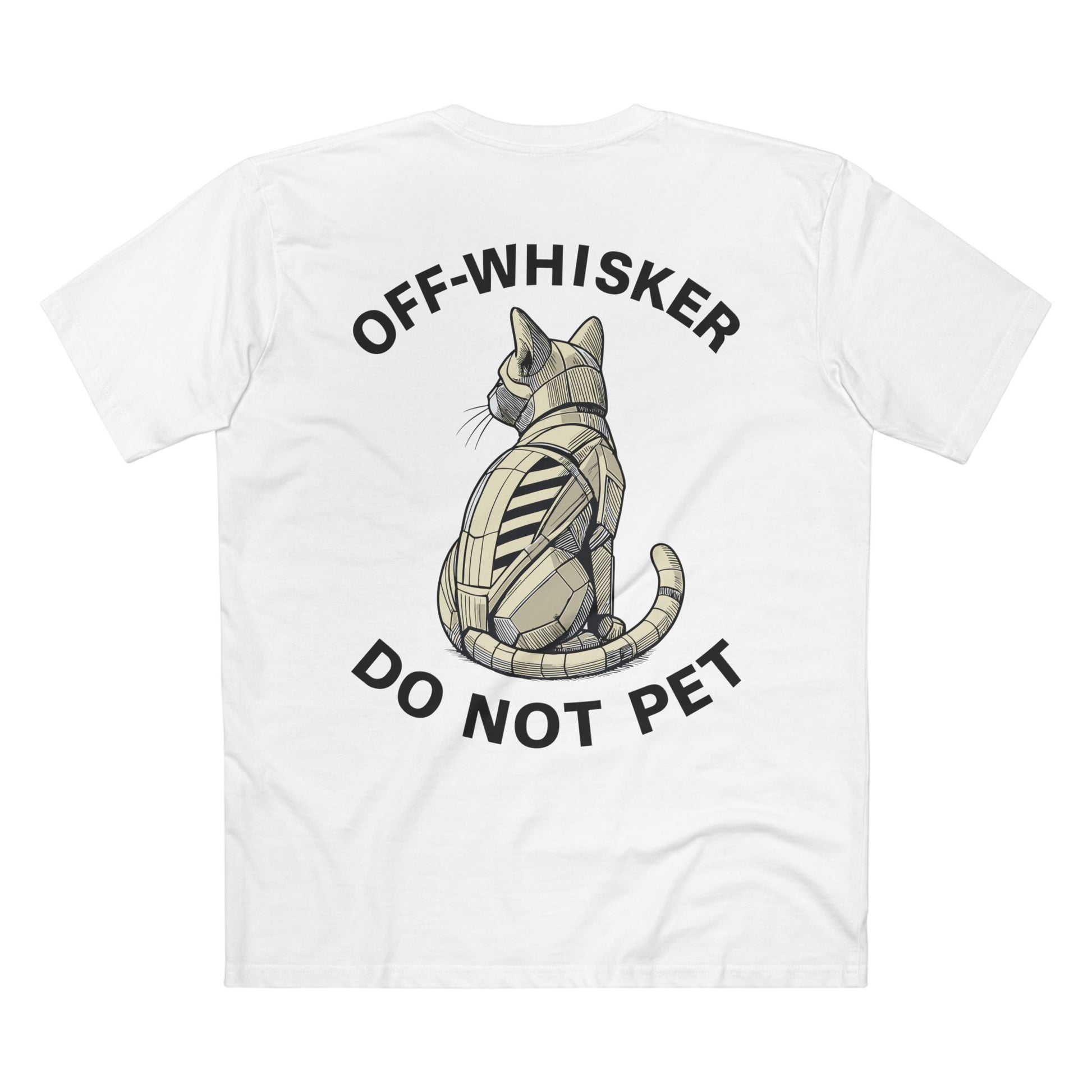 Back view of white Off-Whisker Gen-01 Mech Cat tee – funny cat shirts for women, cat graphic design