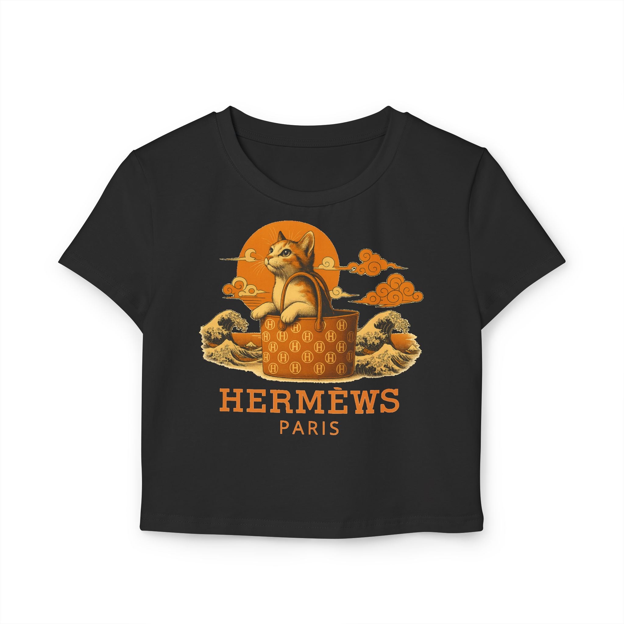 Hermèws Paris Sunset Voyage Women’s Black Baby Tee front view flat lay