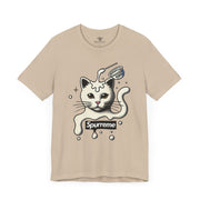 Tan Spurreme Milky Mischief Cat Graphic t shirt front view – cat print tee shirts