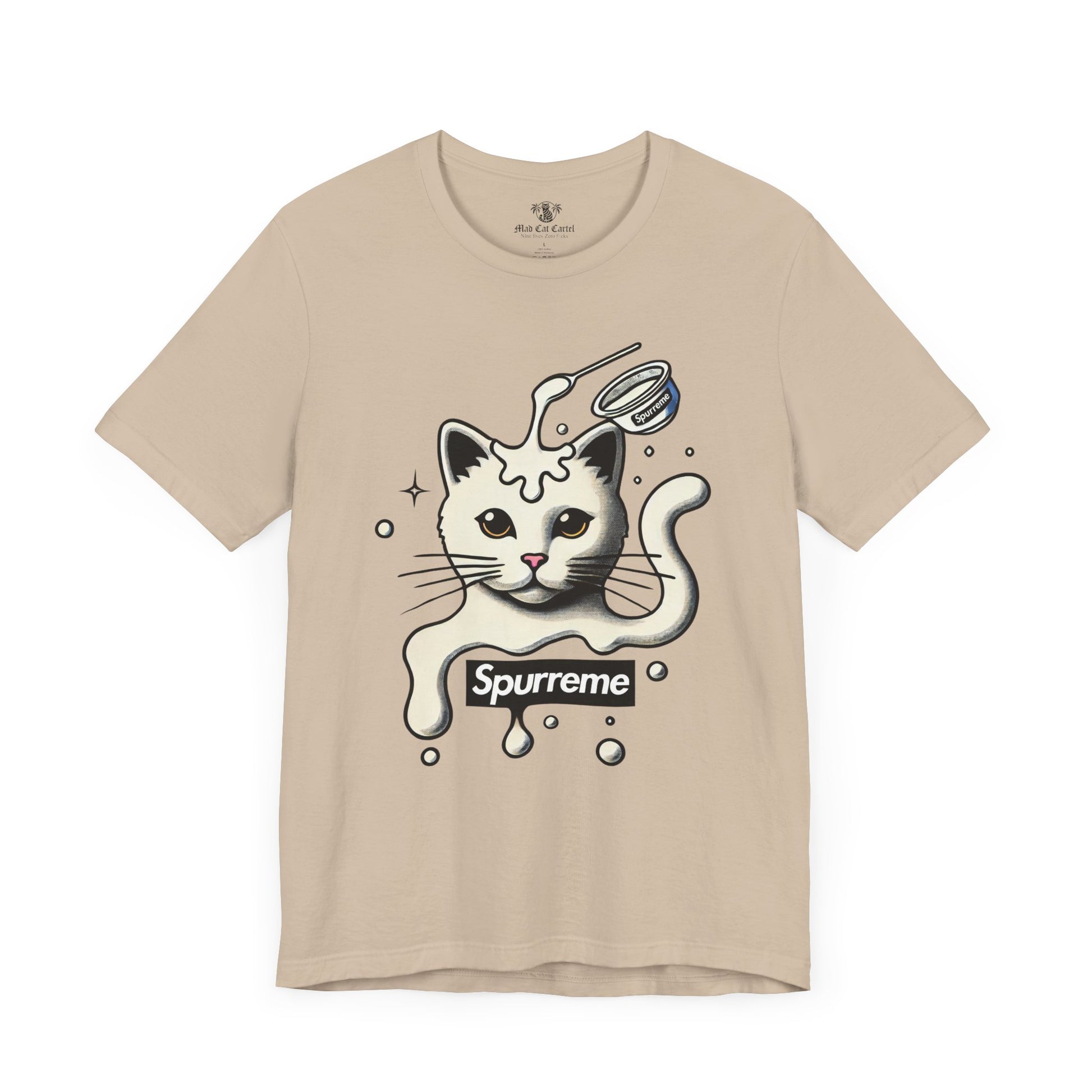 Tan Spurreme Milky Mischief Cat Graphic t shirt front view – cat print tee shirts