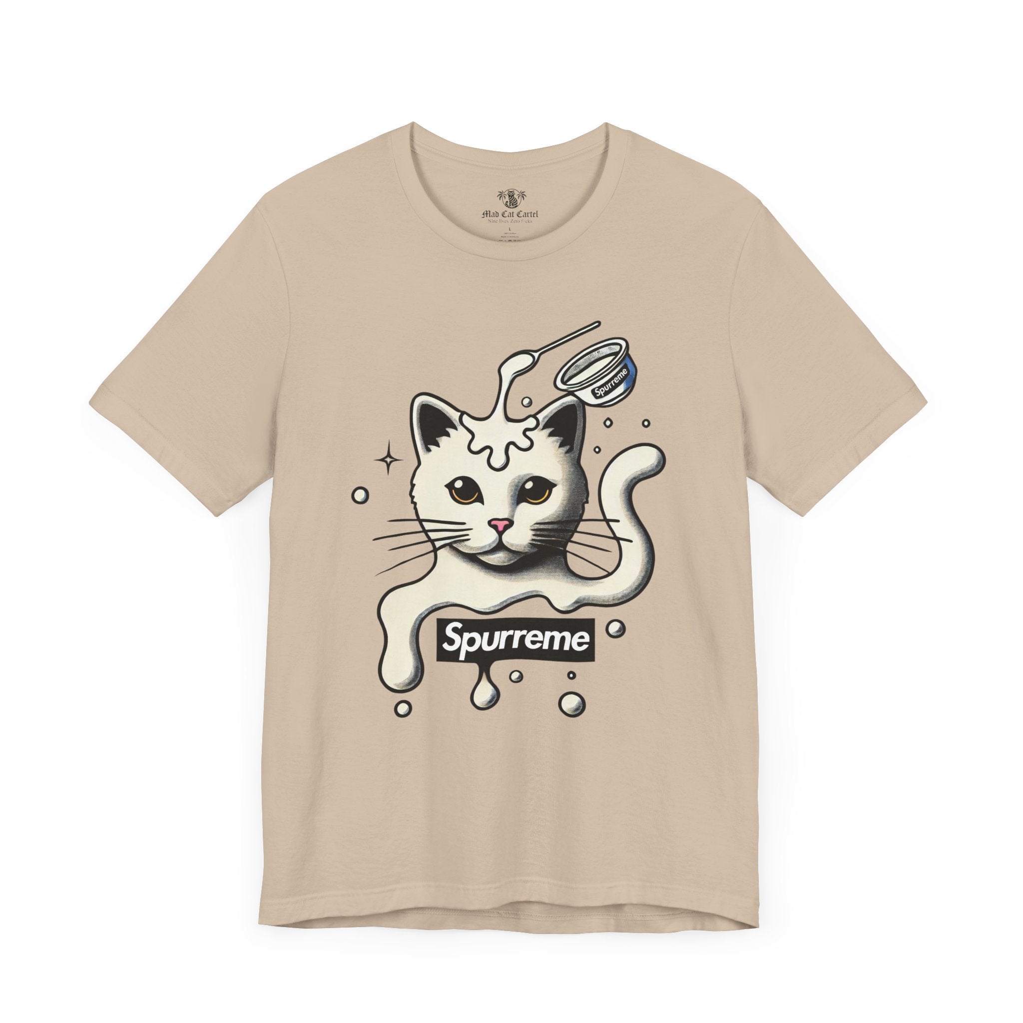 Tan Spurreme Milky Mischief Cat Graphic t shirt front view – cat print tee shirts