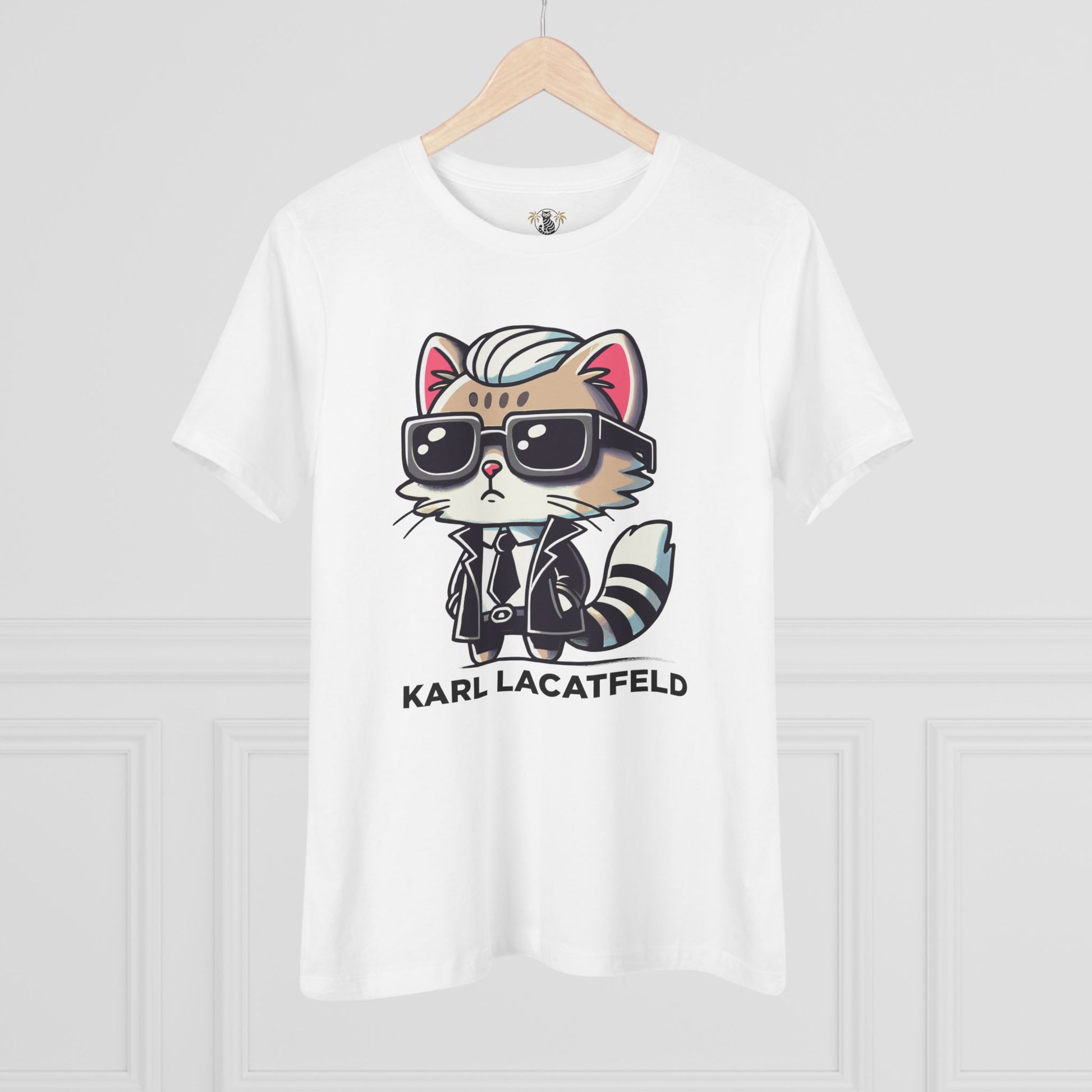 Hanging Karl Lacatfeld Cat Print Tee in White front view