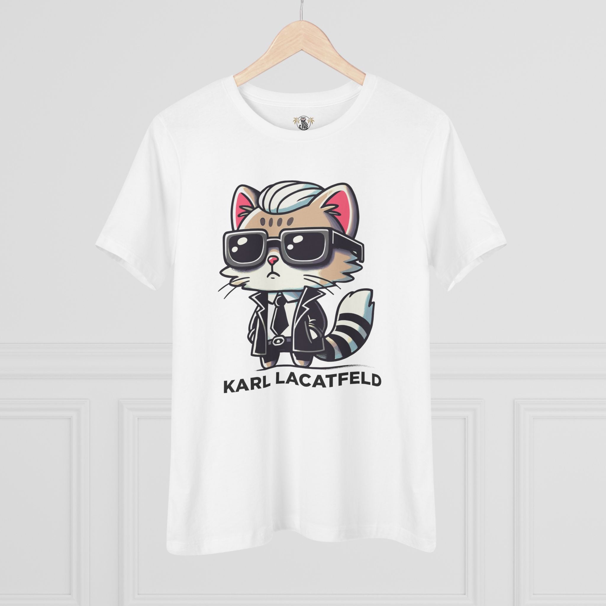 Hanging Karl Lacatfeld Cat Print Tee in White front view