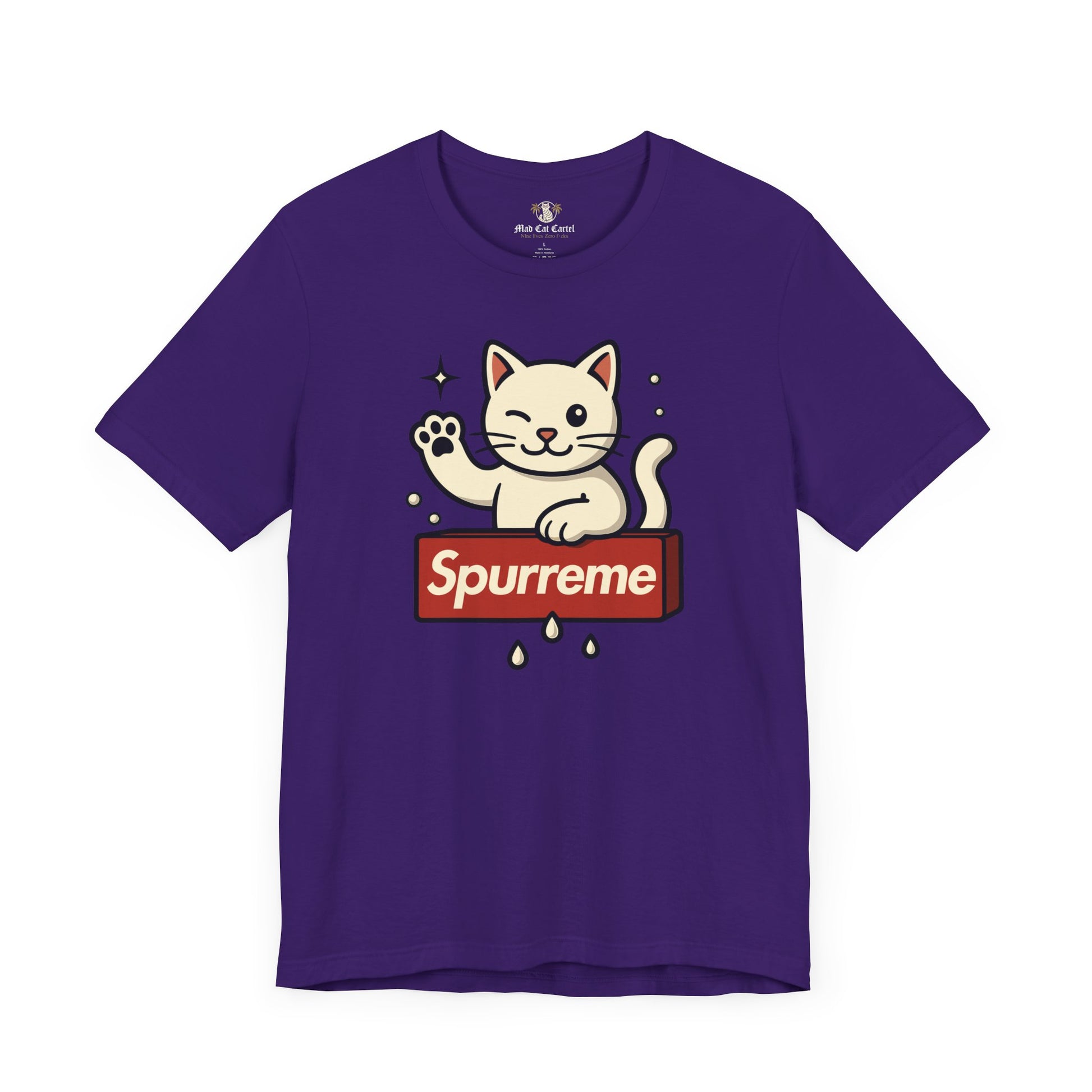 Spurreme Lucky Cat Box Logo Graphic T-Shirt team purple front flat lay