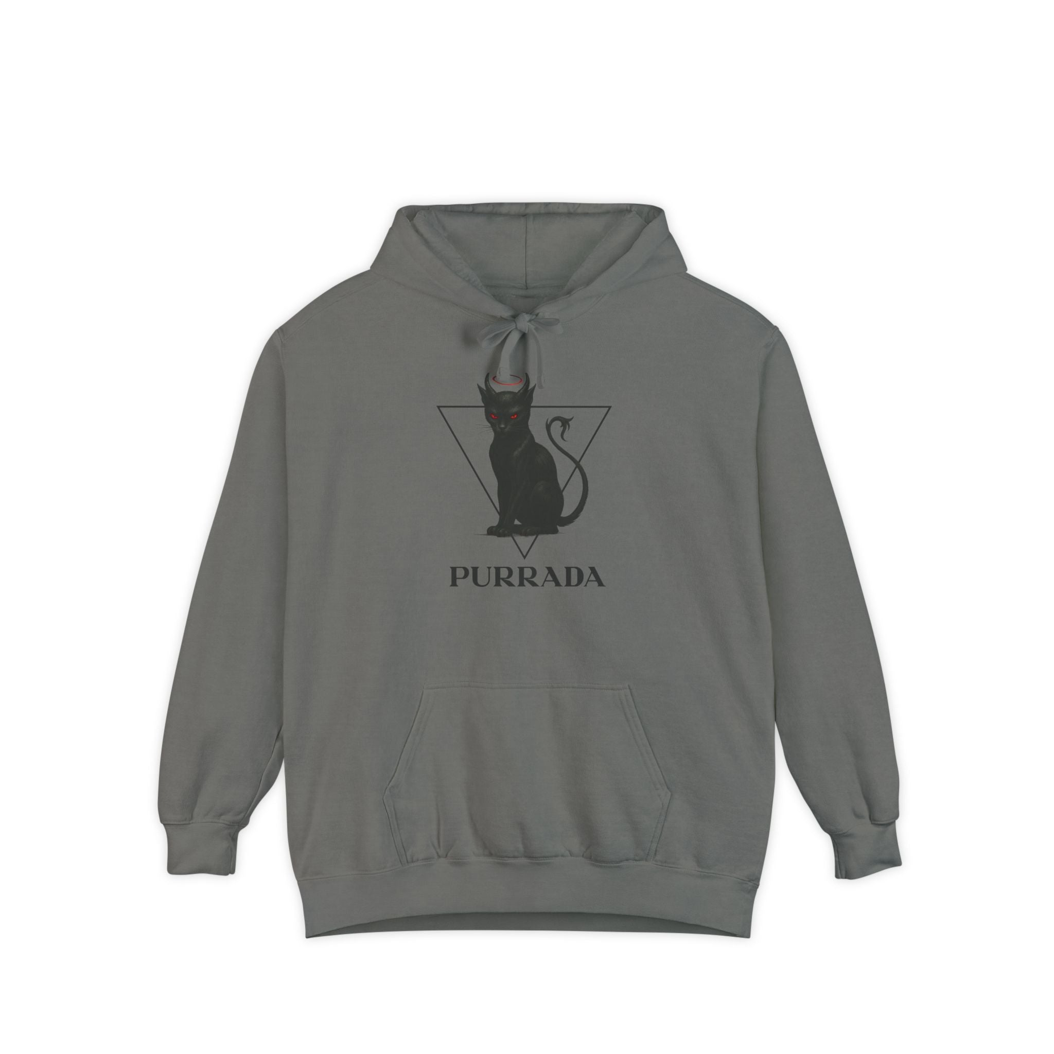 Purrada This Ain’t Churchwear Cat Graphic Grey Hoodie flat lay, cool cat themed hoodie