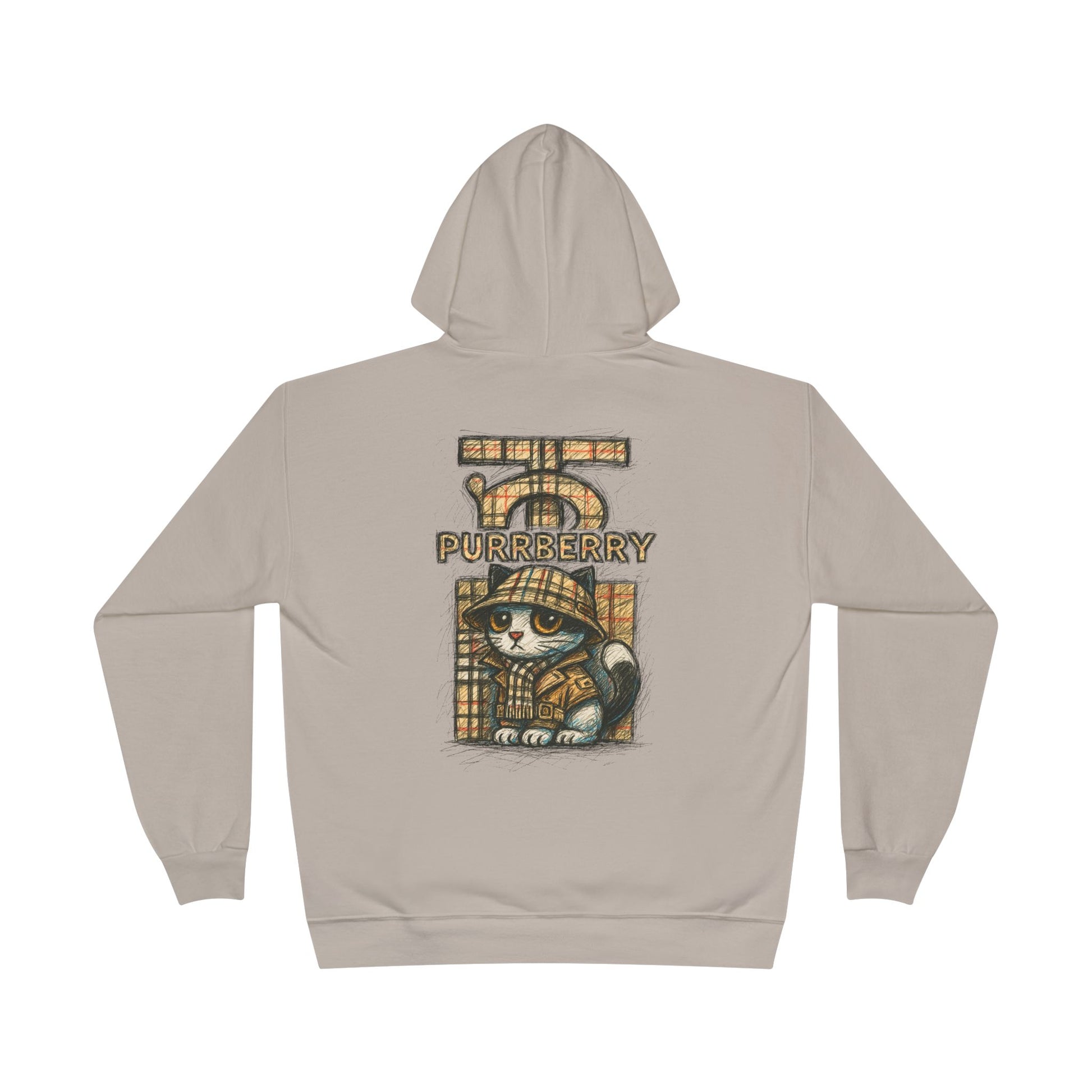 Back view of Purrberry sand beige hoodie with sketch logo and cat artwork, cat themed apparel