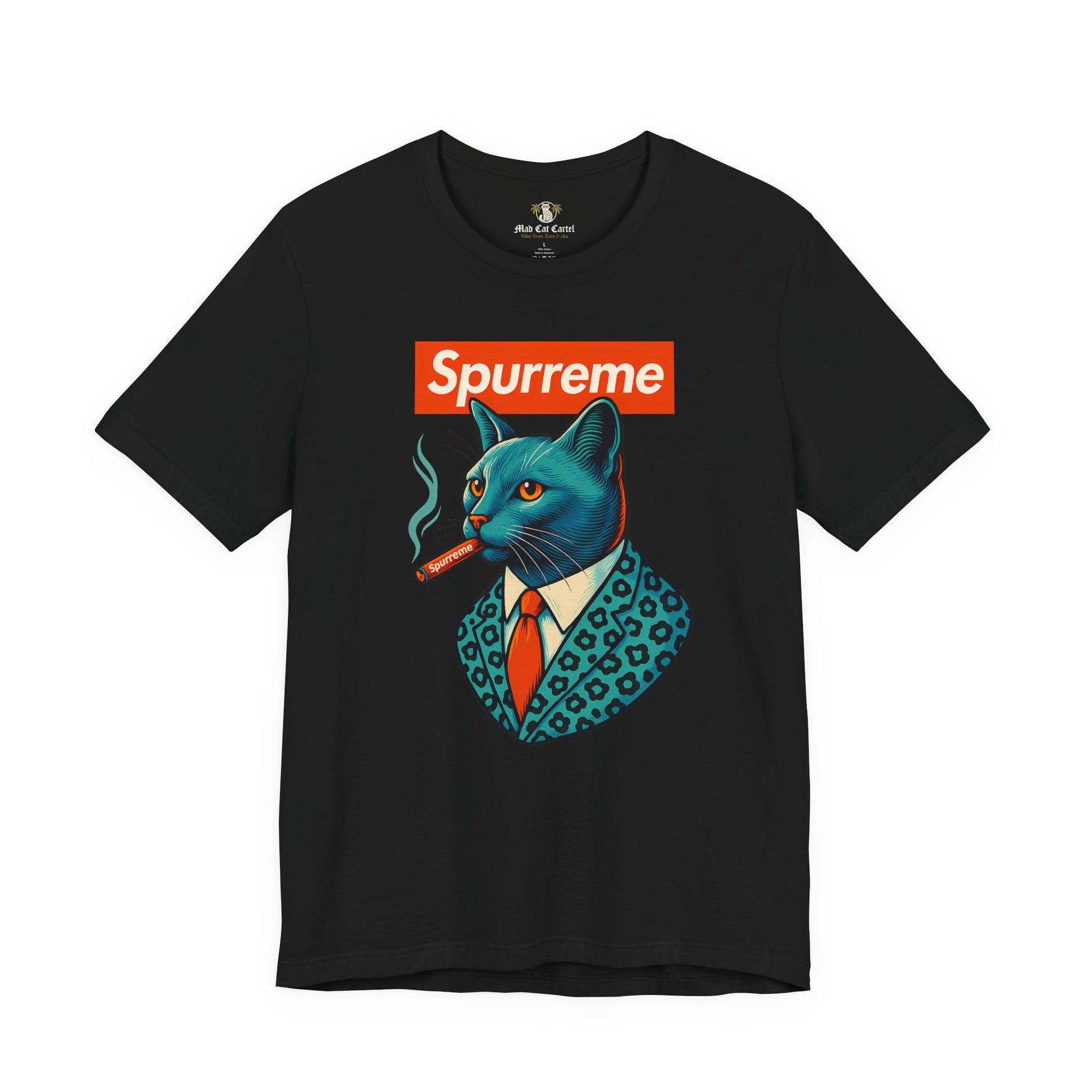 Black Spurreme Ambassador Cat Graphic t shirt front view – funny t shirts for men