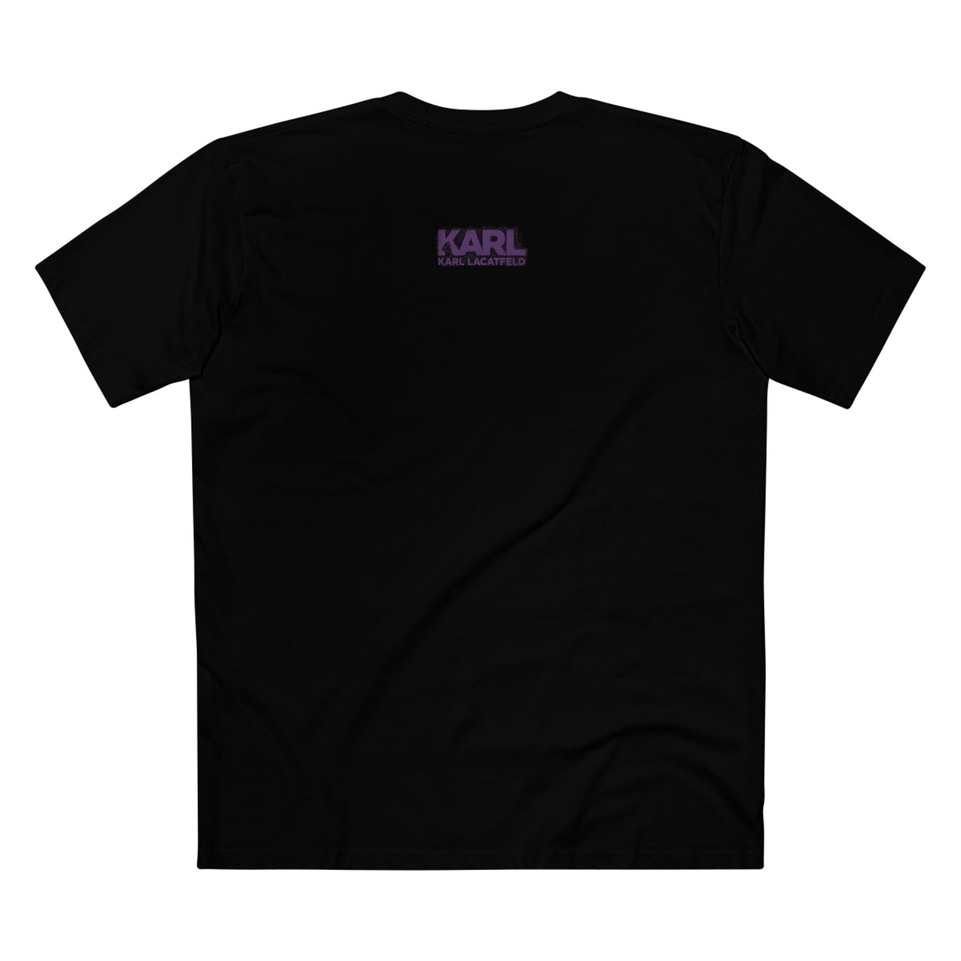 Back view of Karl Lacatfeld black cat lover shirt with purple logo print
