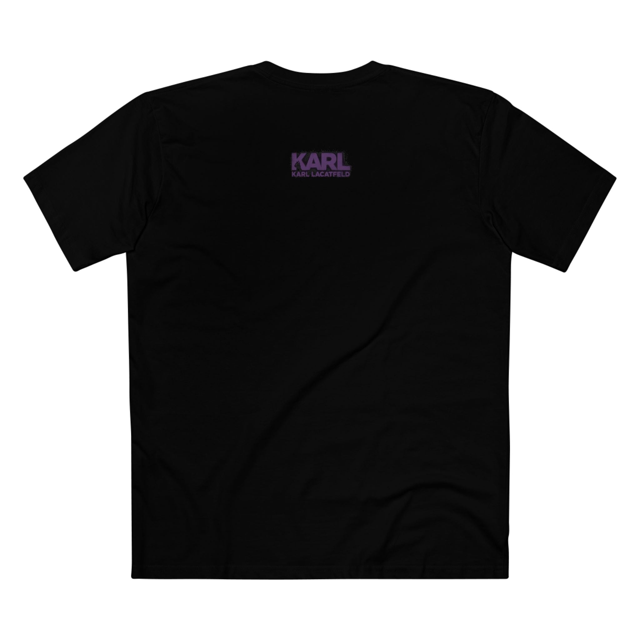 Back view of Karl Lacatfeld black cat lover shirt with purple logo print