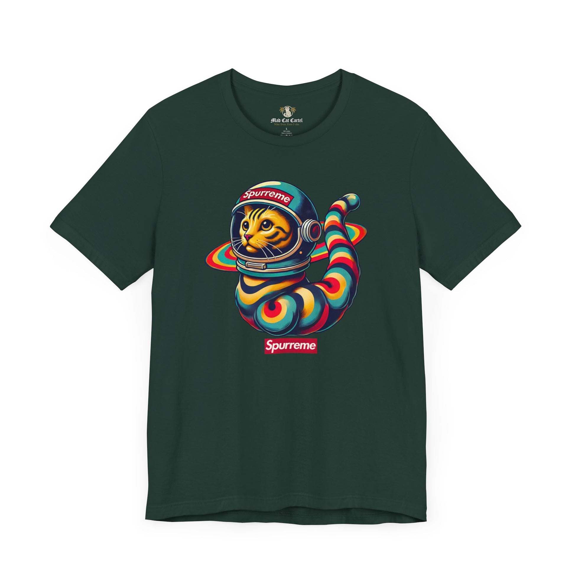 Spurreme Space Explorer Cat Graphic T-Shirt in forest green flat lay, cat shirts for men
