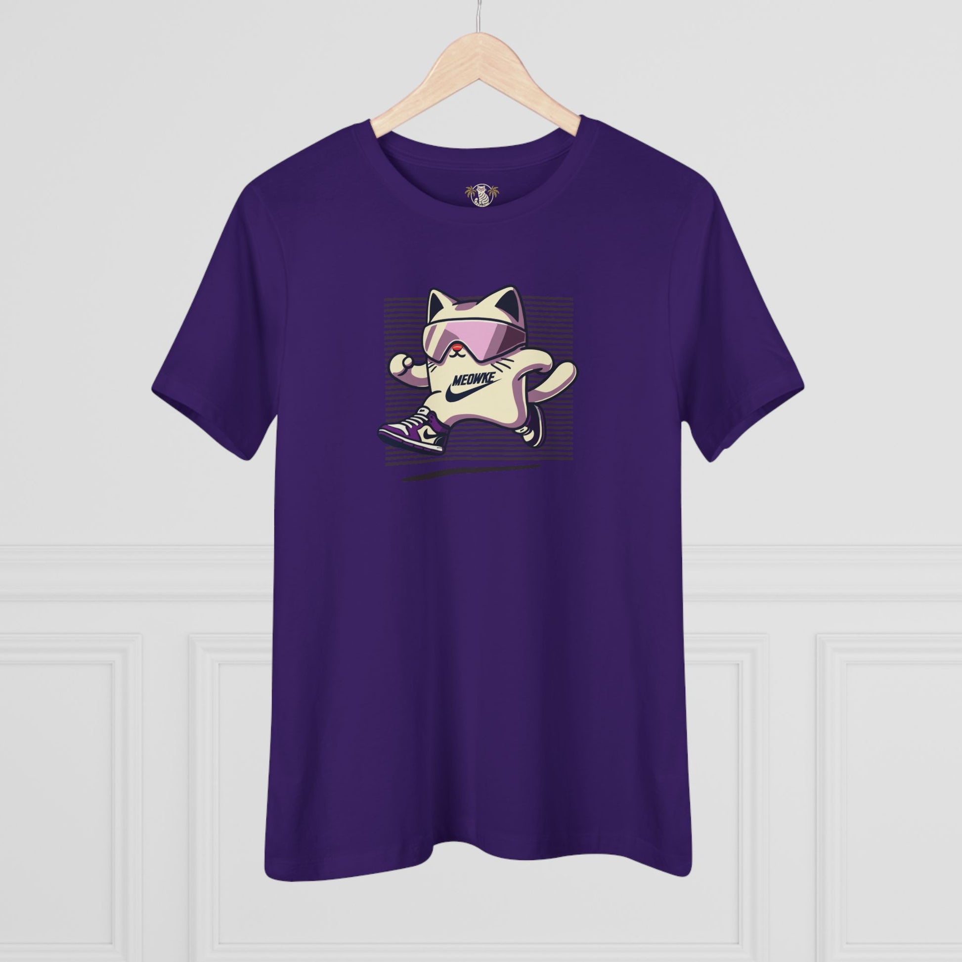 Purple women's t shirt on hanger, cat graphic t shirt