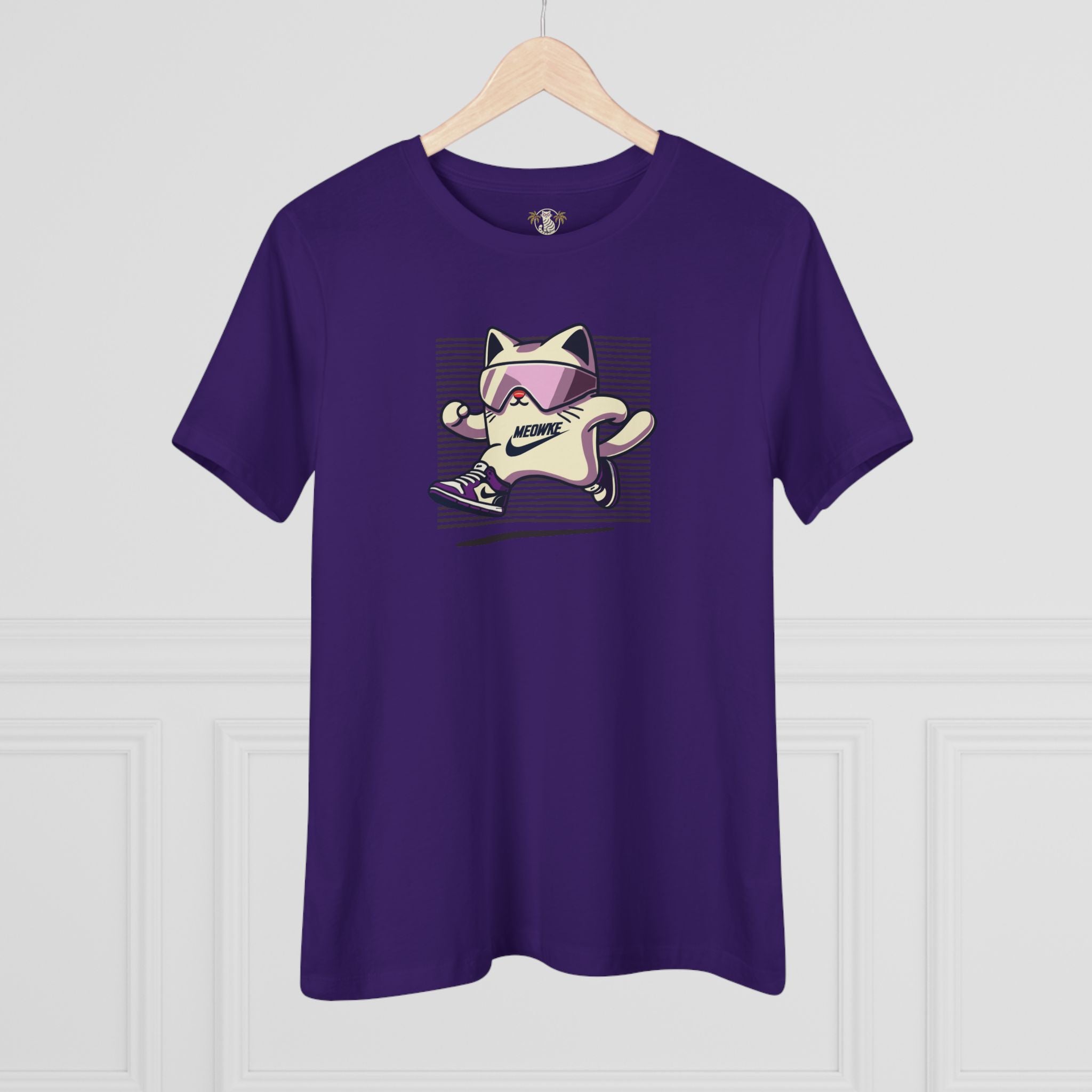 Purple women's t shirt on hanger, cat graphic t shirt