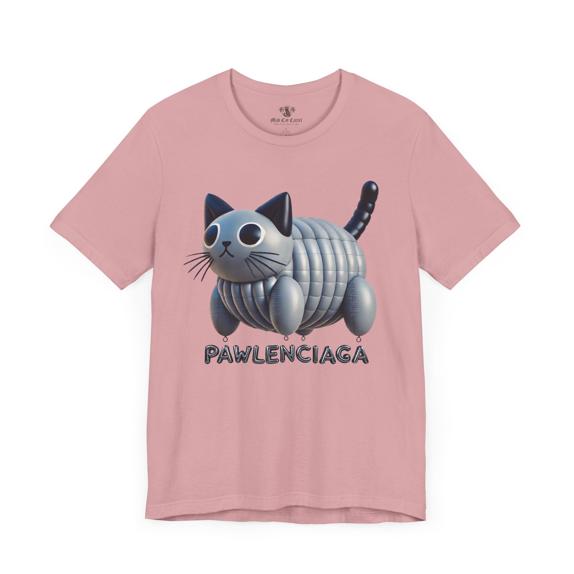 Orchid Pawlenciaga Cat Balloon Graphic T Shirt flat lay funny cat shirts for women