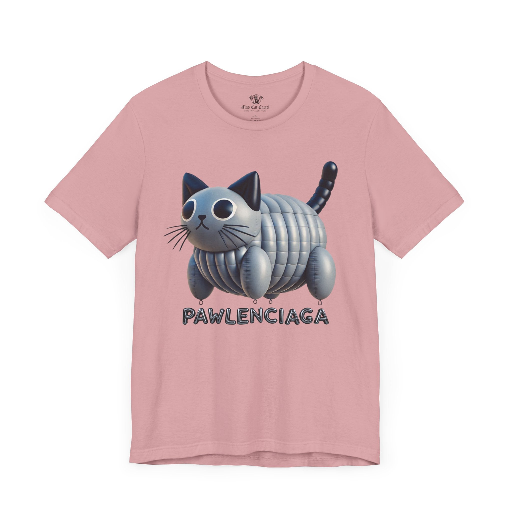 Orchid Pawlenciaga Cat Balloon Graphic T Shirt flat lay funny cat shirts for women