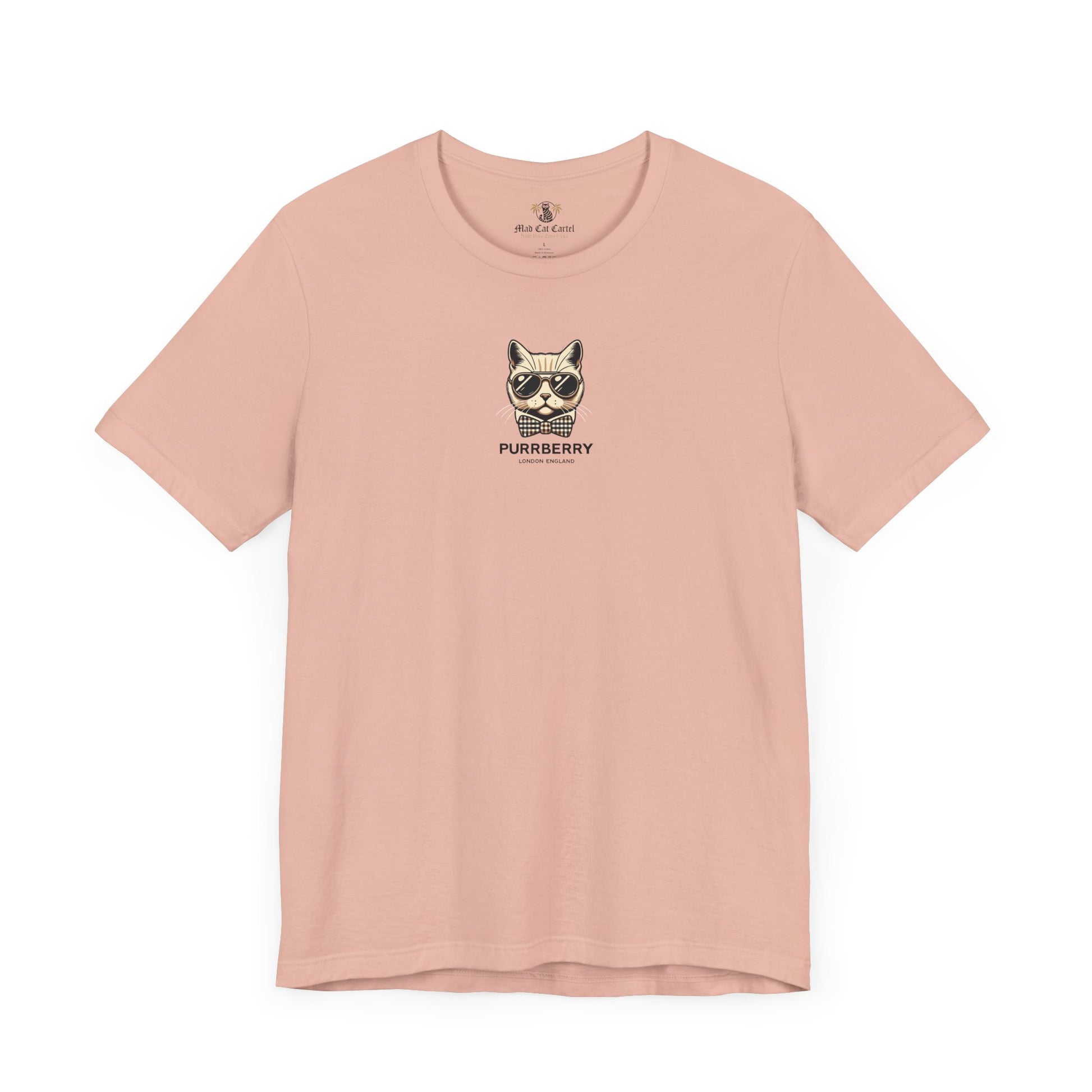 purrberry london mini crest cat graphic t shirt peach front view cat lover shirts