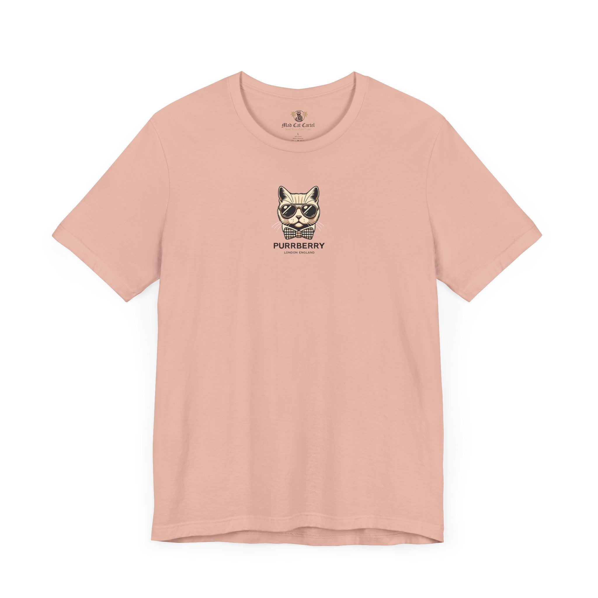 purrberry london mini crest cat graphic t shirt peach front view cat lover shirts