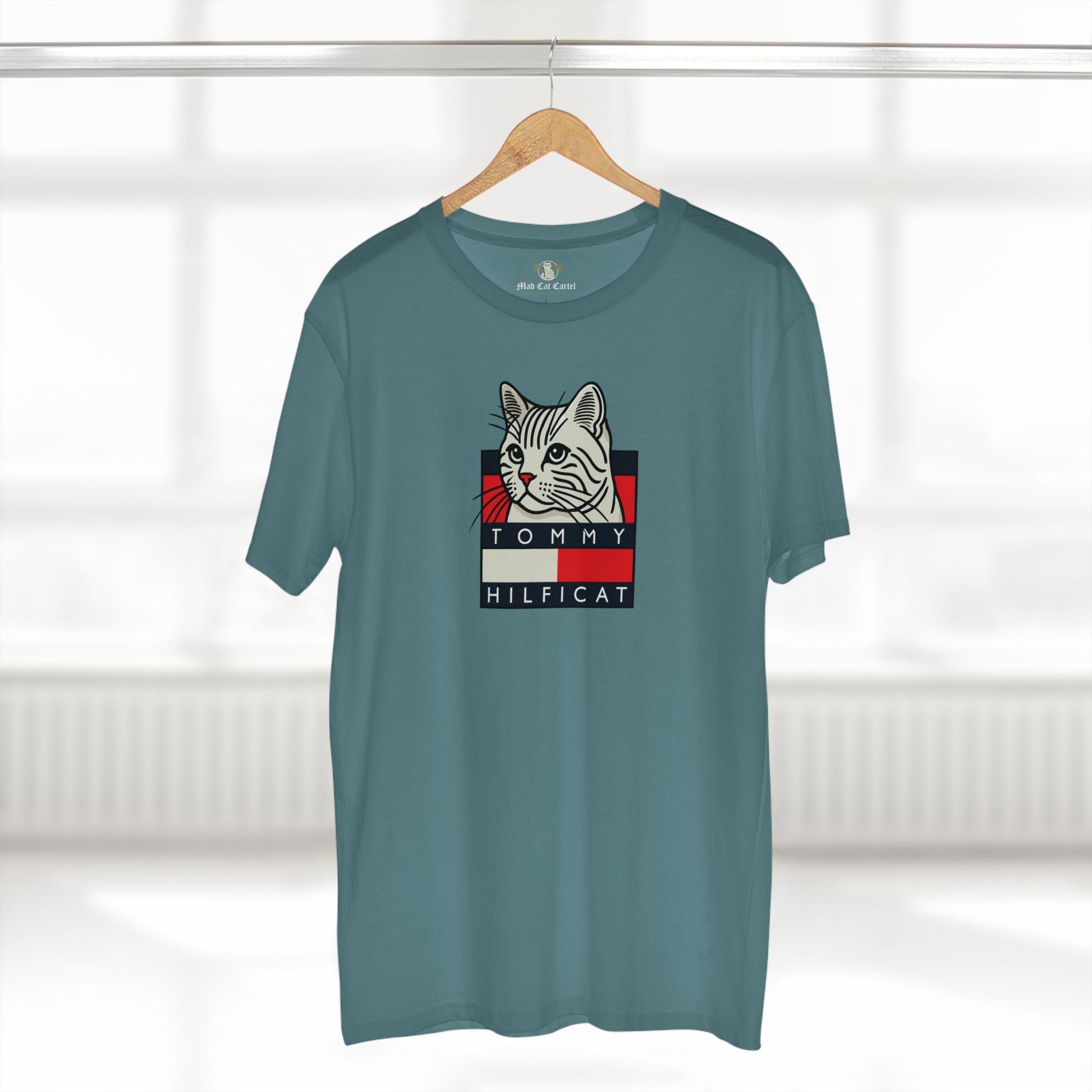 Tommy Hilficat T Shirt on hanger in Slate Blue, gifts for cat dads