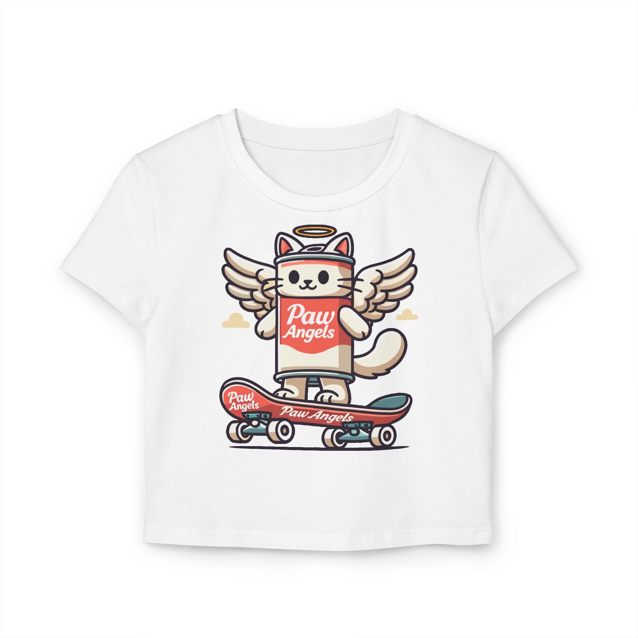 Paw Angels Spray Cat Graphic Women's Baby Tee, white crop top, folded flat front view