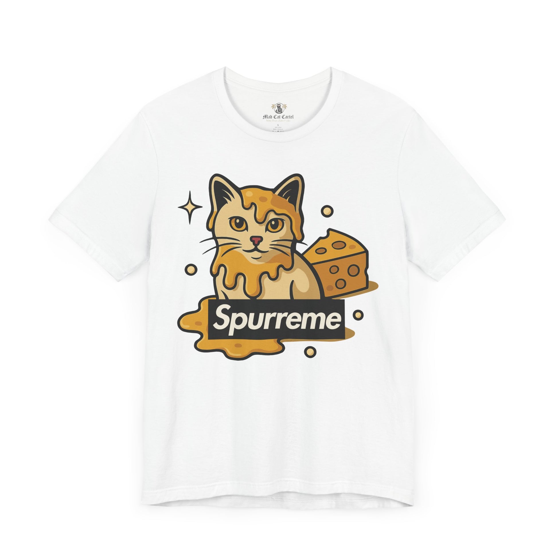 White t shirt front view Spurreme Cheddar Cat Drip Graphic
