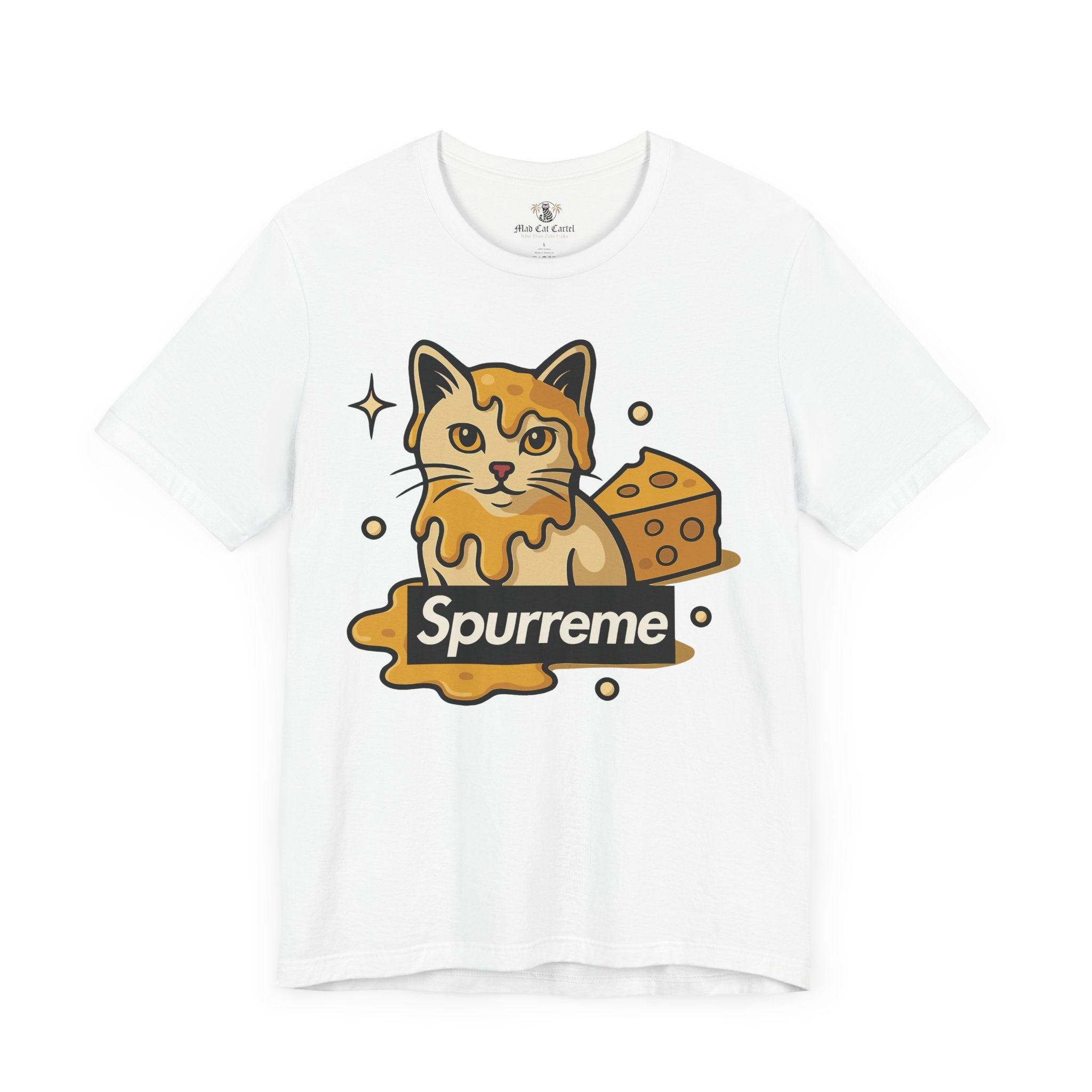 White t shirt front view Spurreme Cheddar Cat Drip Graphic