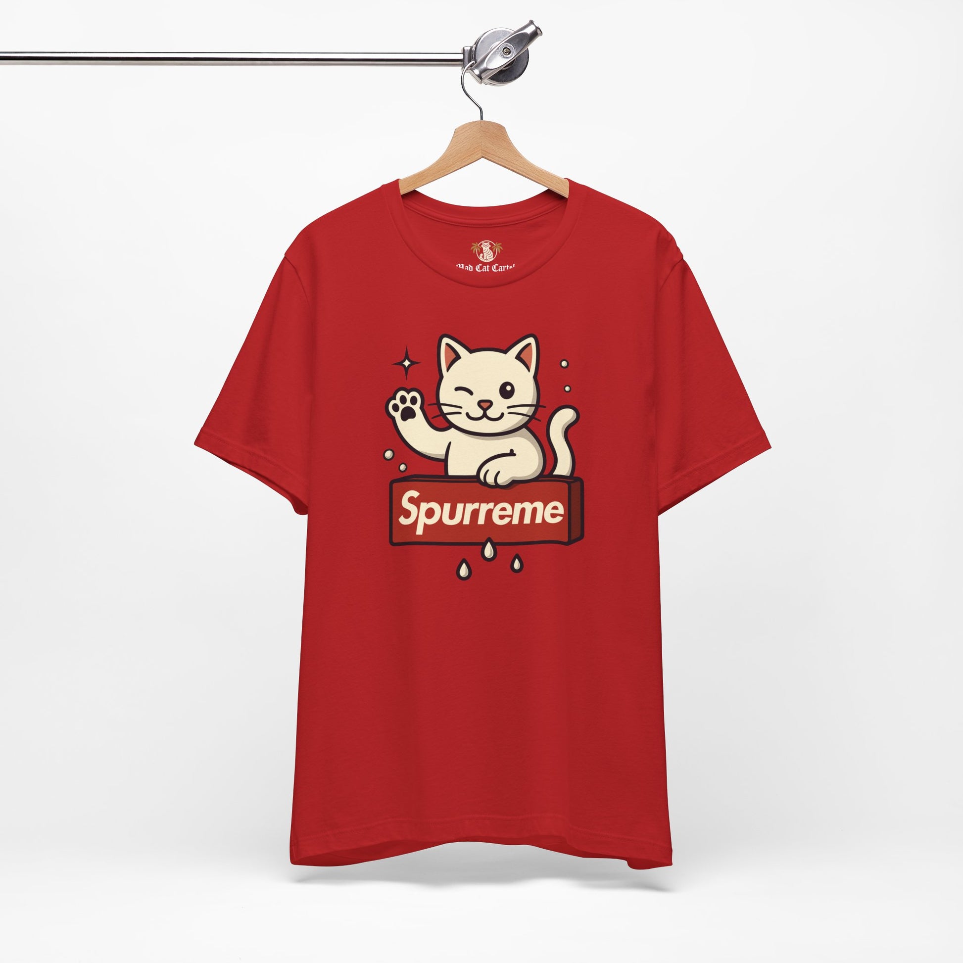 Red t shirt cat graphic print front view hanging ladies cat t shirt