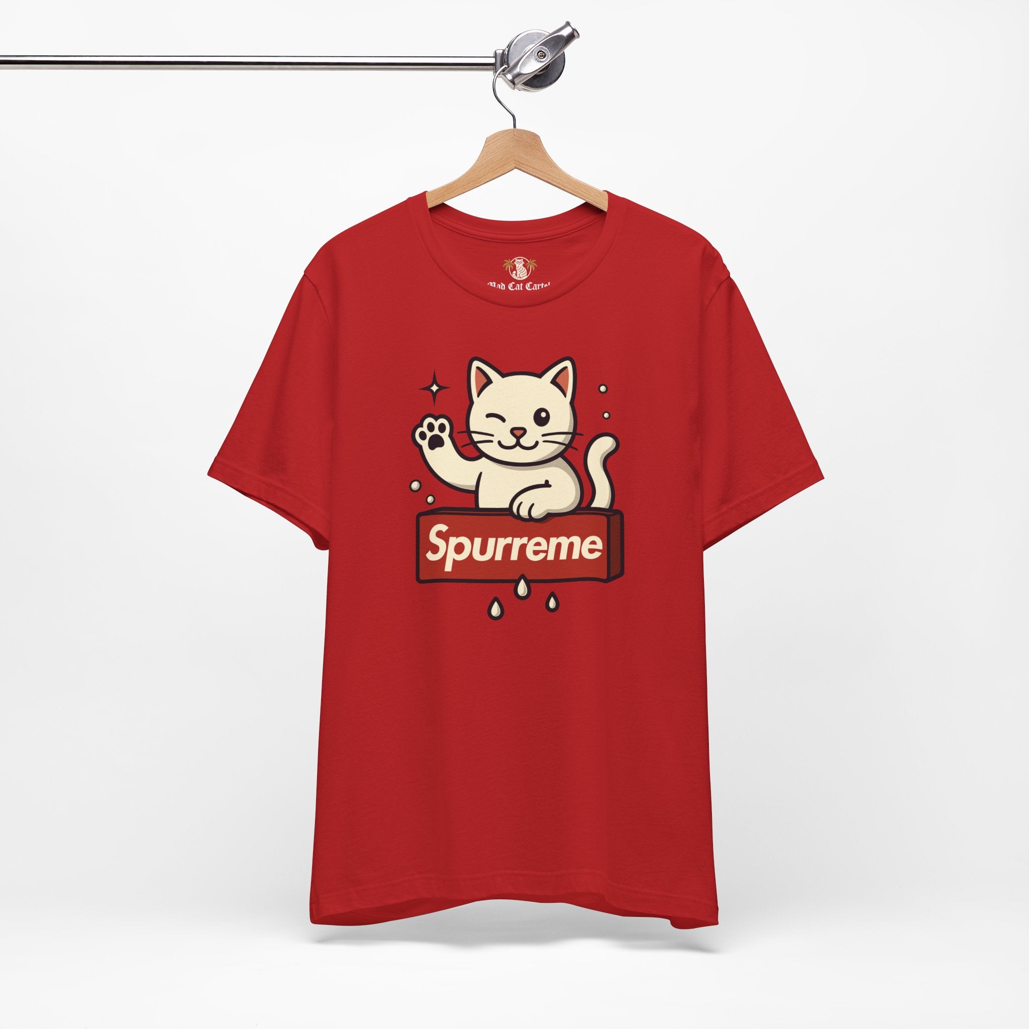 Red t shirt cat graphic print front view hanging ladies cat t shirt