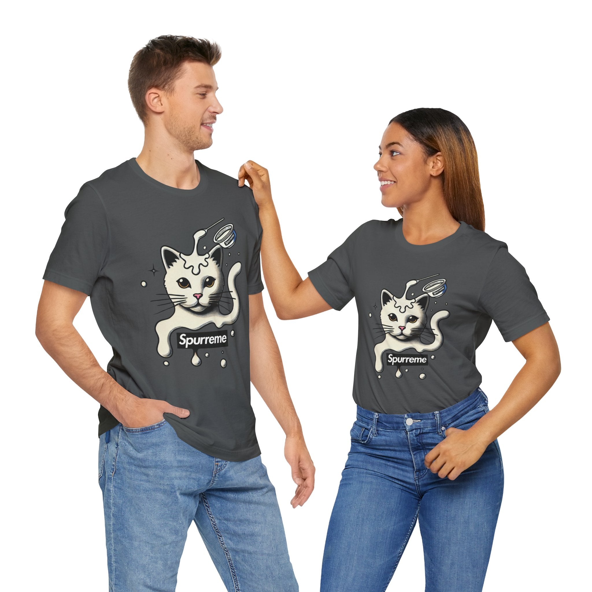 Couple wearing Gray Asphalt Spurreme Milky Mischief Cat Graphic t shirts – funny cat shirts for guys
