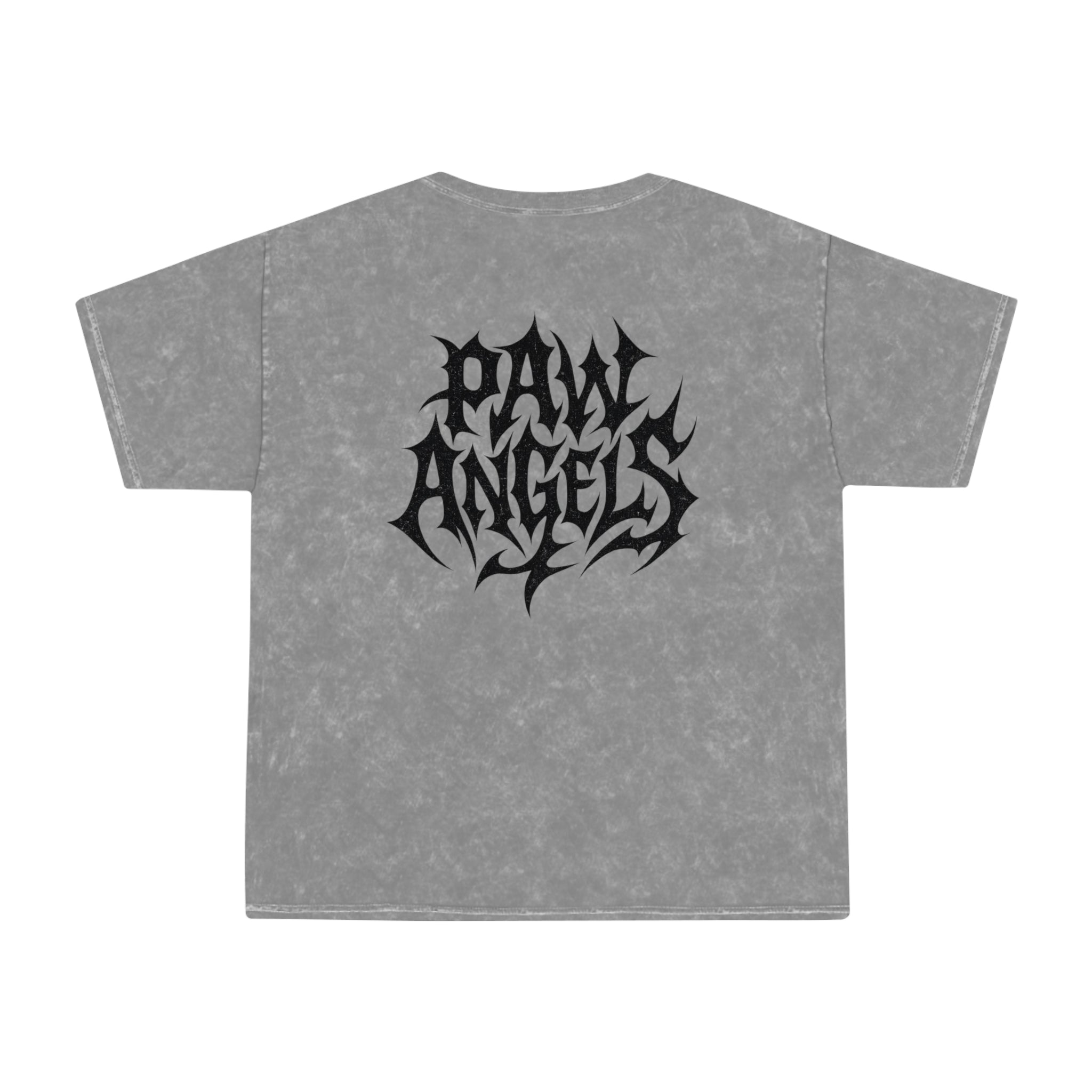 Back view of Paw Angels Hellcat mineral gray unisex mineral wash cat t-shirt – cat lover t shirt