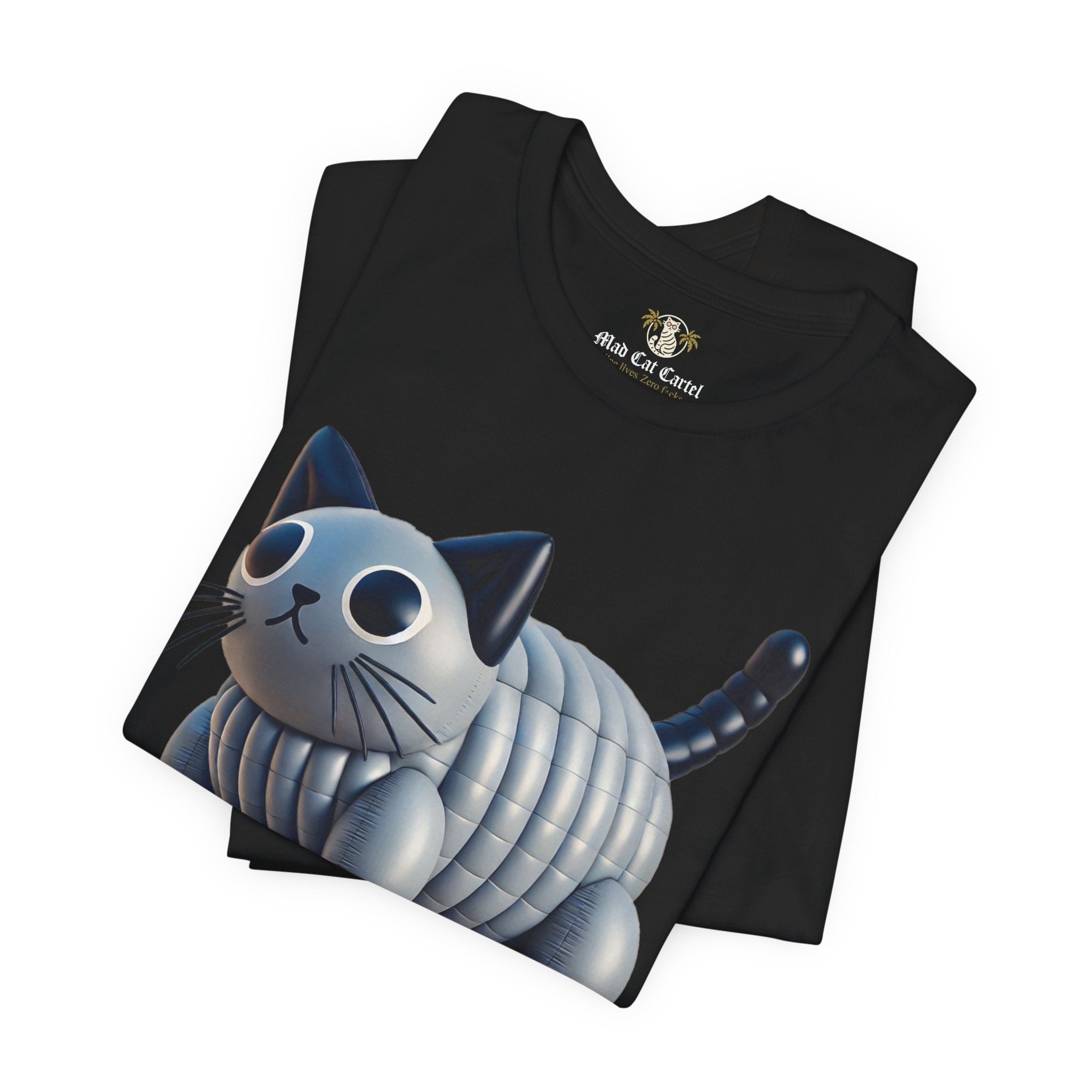 Folded Black Pawlenciaga Cat Balloon Graphic T Shirt close up cat on a shirt