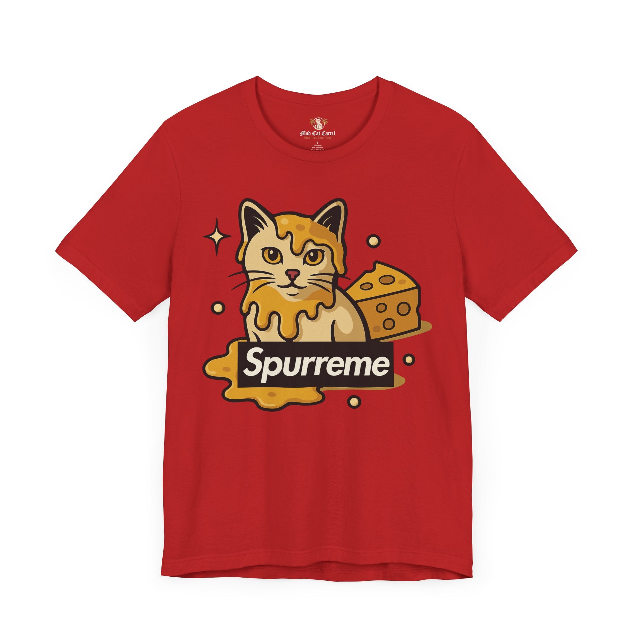 Red t shirt front view Spurreme Cheddar Cat Drip Graphic