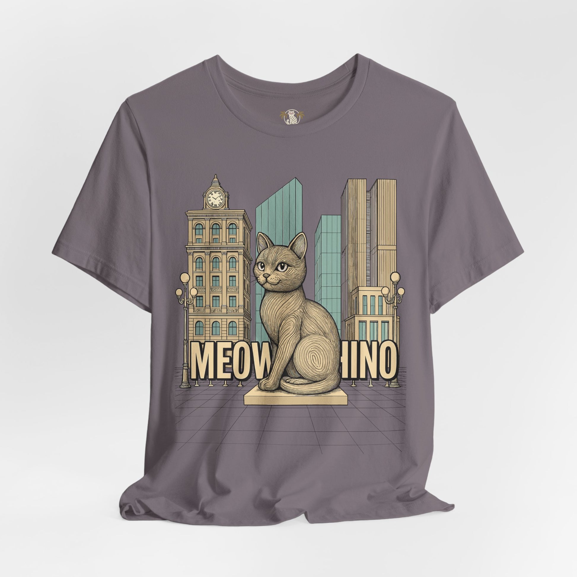 Tee shirts with cats – storm grey unisex tee, front view, Meowschino city cat statue print