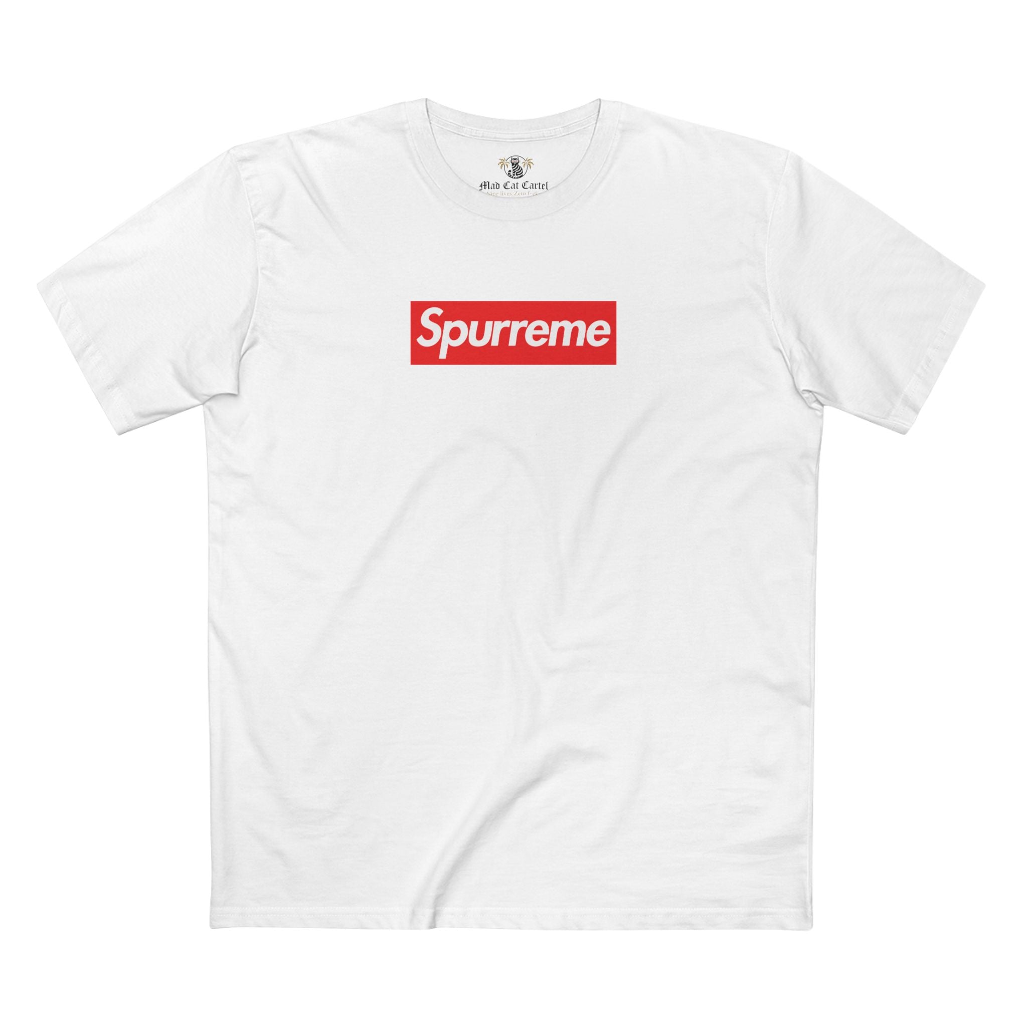 white tee flatlay, supreme parody style logo, parody tee