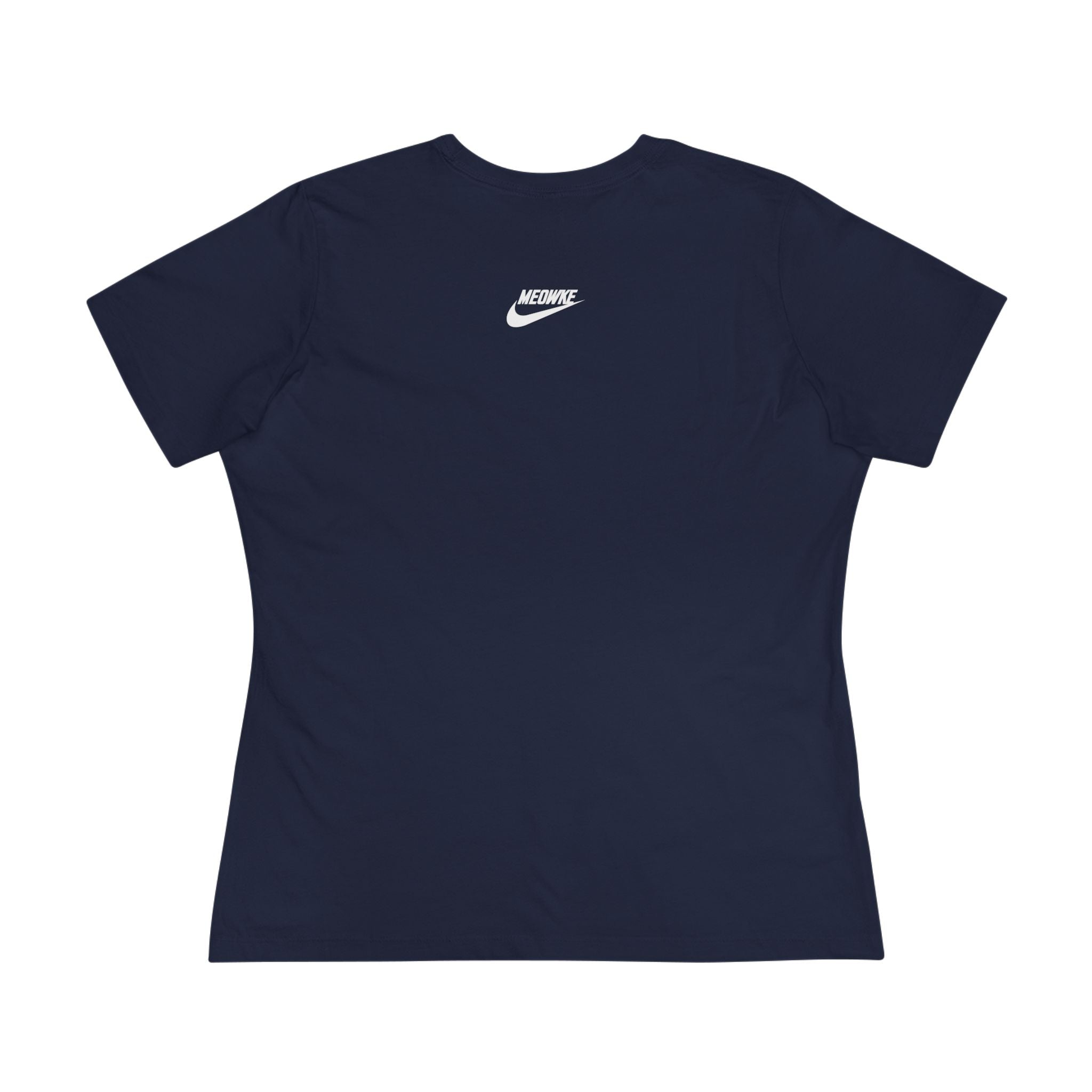 Back view plain navy blue women’s cat bottle graphic t shirt