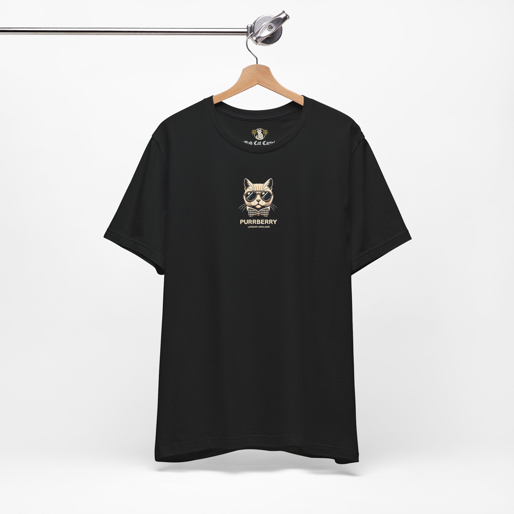 hanging purrberry london mini crest cat graphic t shirt black unisex cat themed apparel