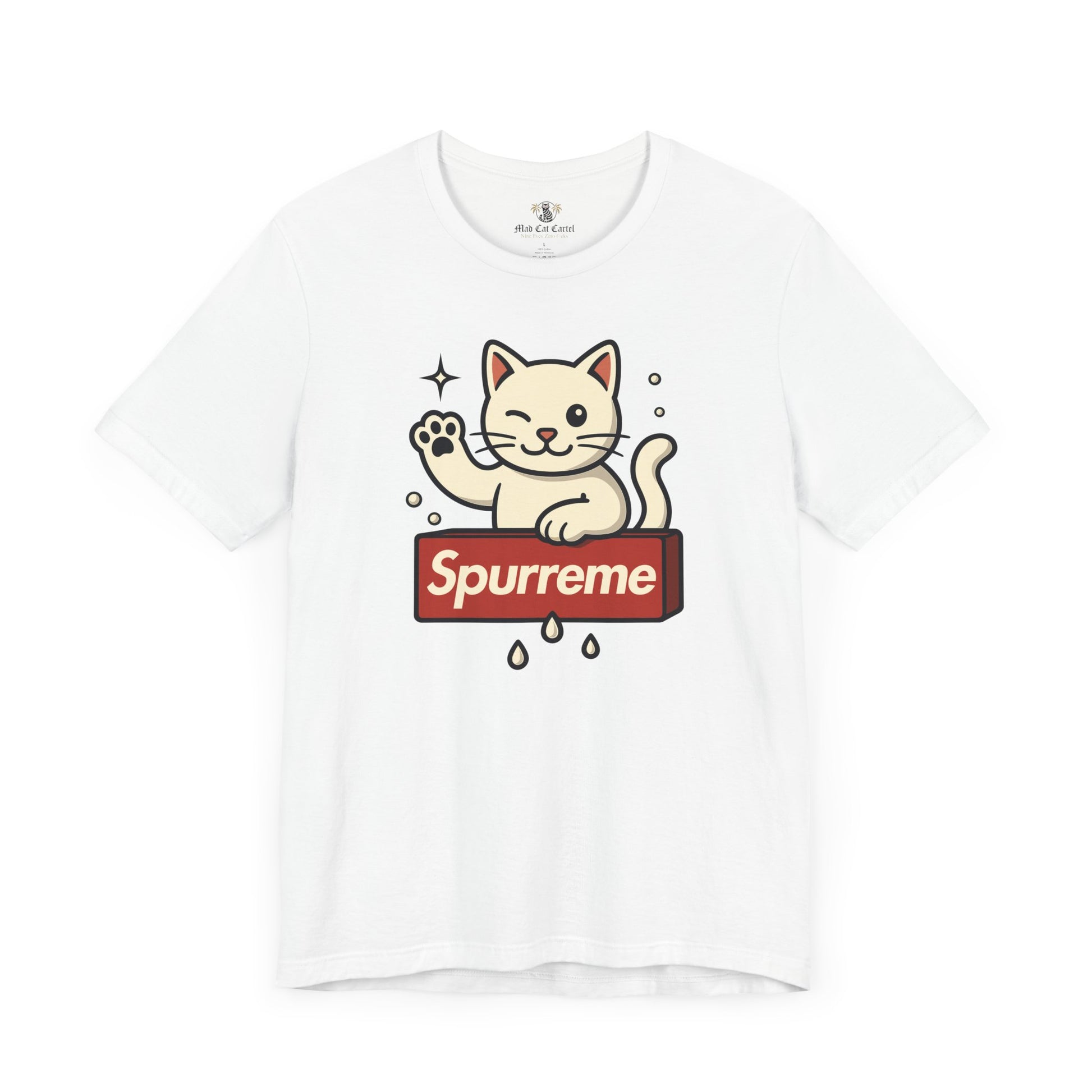 White t shirt front flat lay Spurreme Lucky Cat Box Logo Graphic