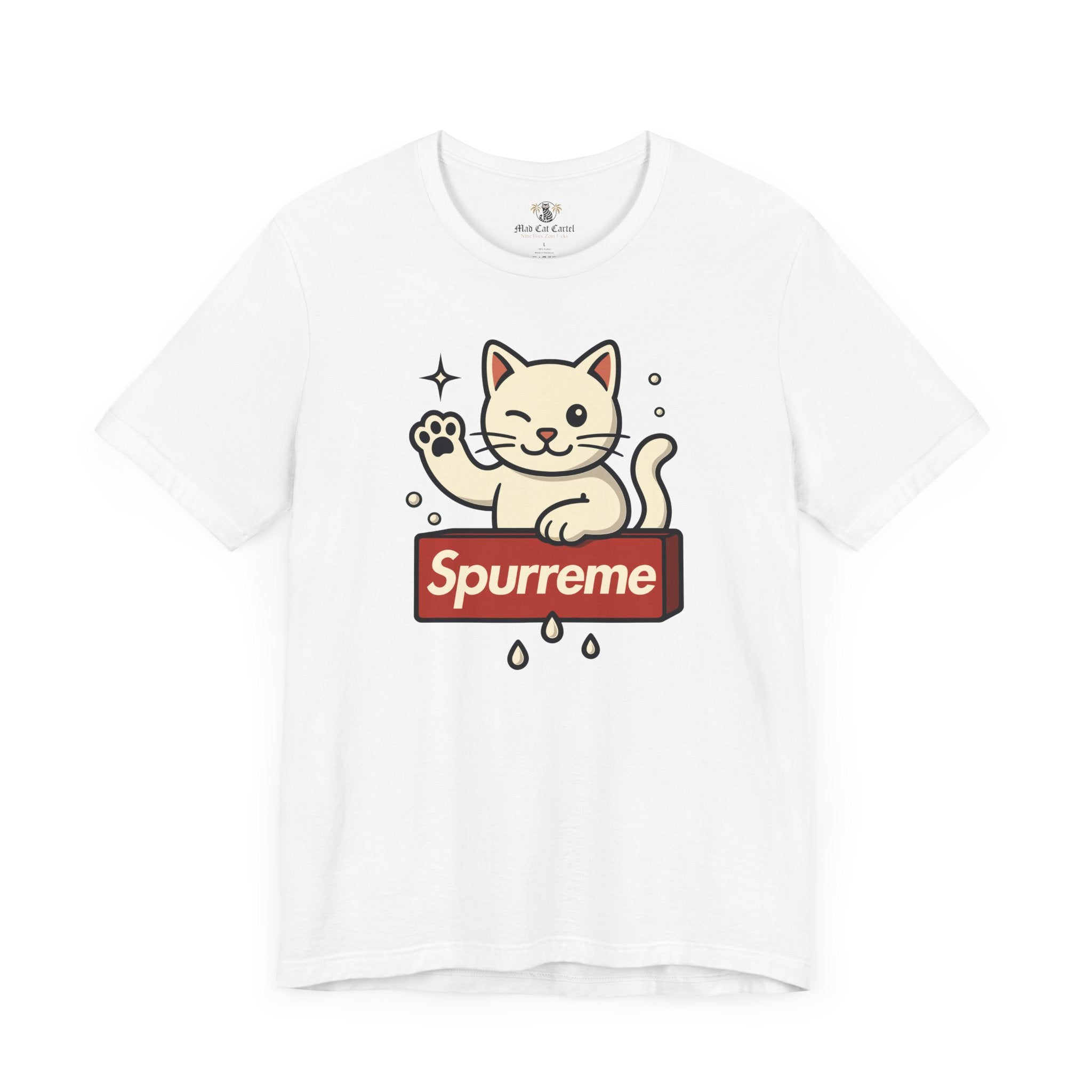 White t shirt front flat lay Spurreme Lucky Cat Box Logo Graphic