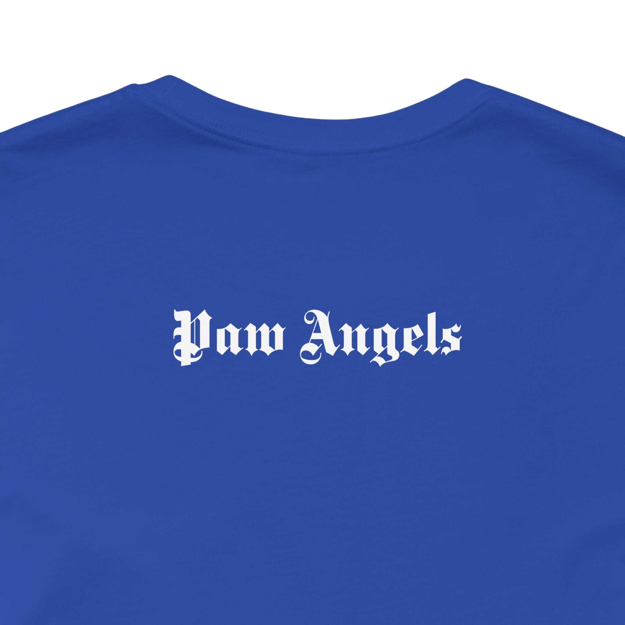 Blue t shirt with “Paw Angels” back print – shirt for cat lovers