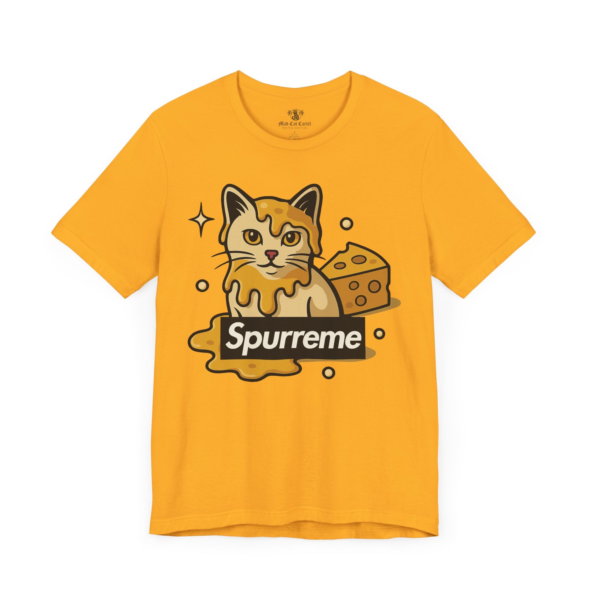 Gold t shirt flat lay Spurreme Cheddar Cat Drip Graphic