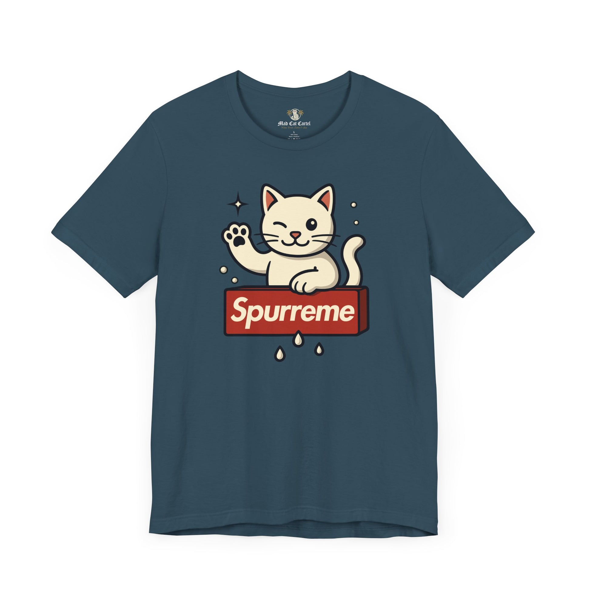 Deep teal t shirt front flat lay Spurreme Lucky Cat Box Logo Graphic cat themed clothing