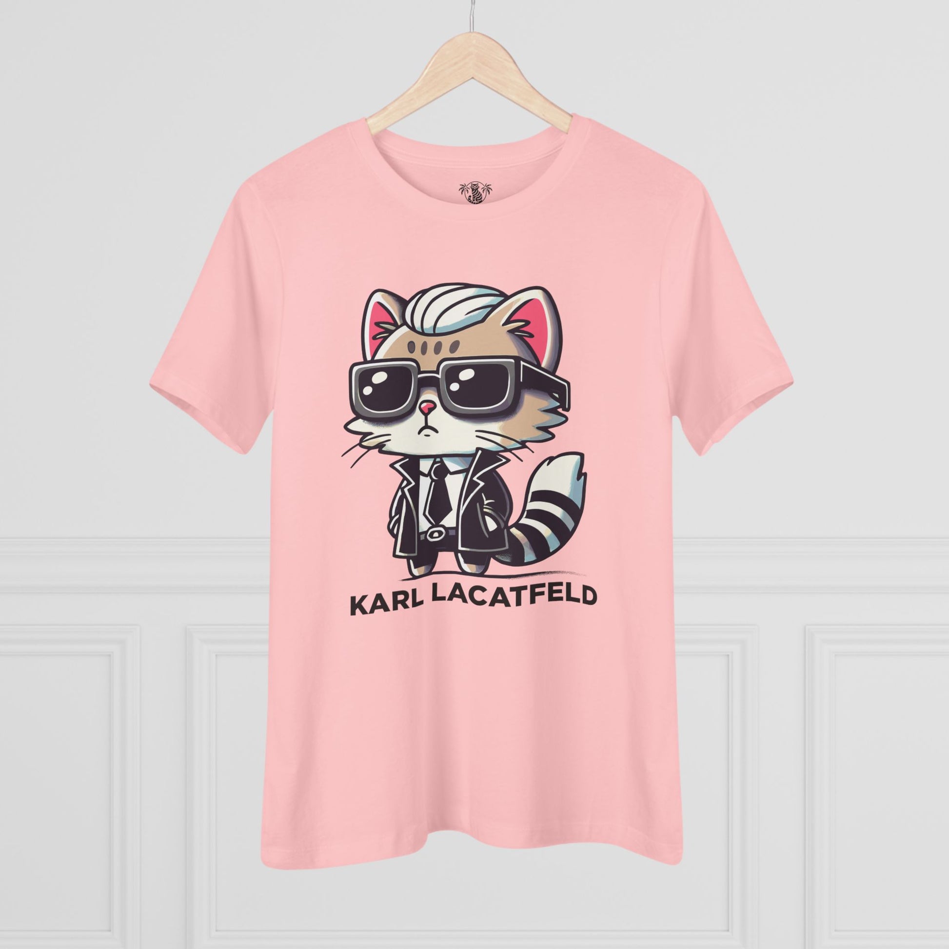 Hanging Karl Lacatfeld Iconic Cat Women’s Pink T Shirt front view