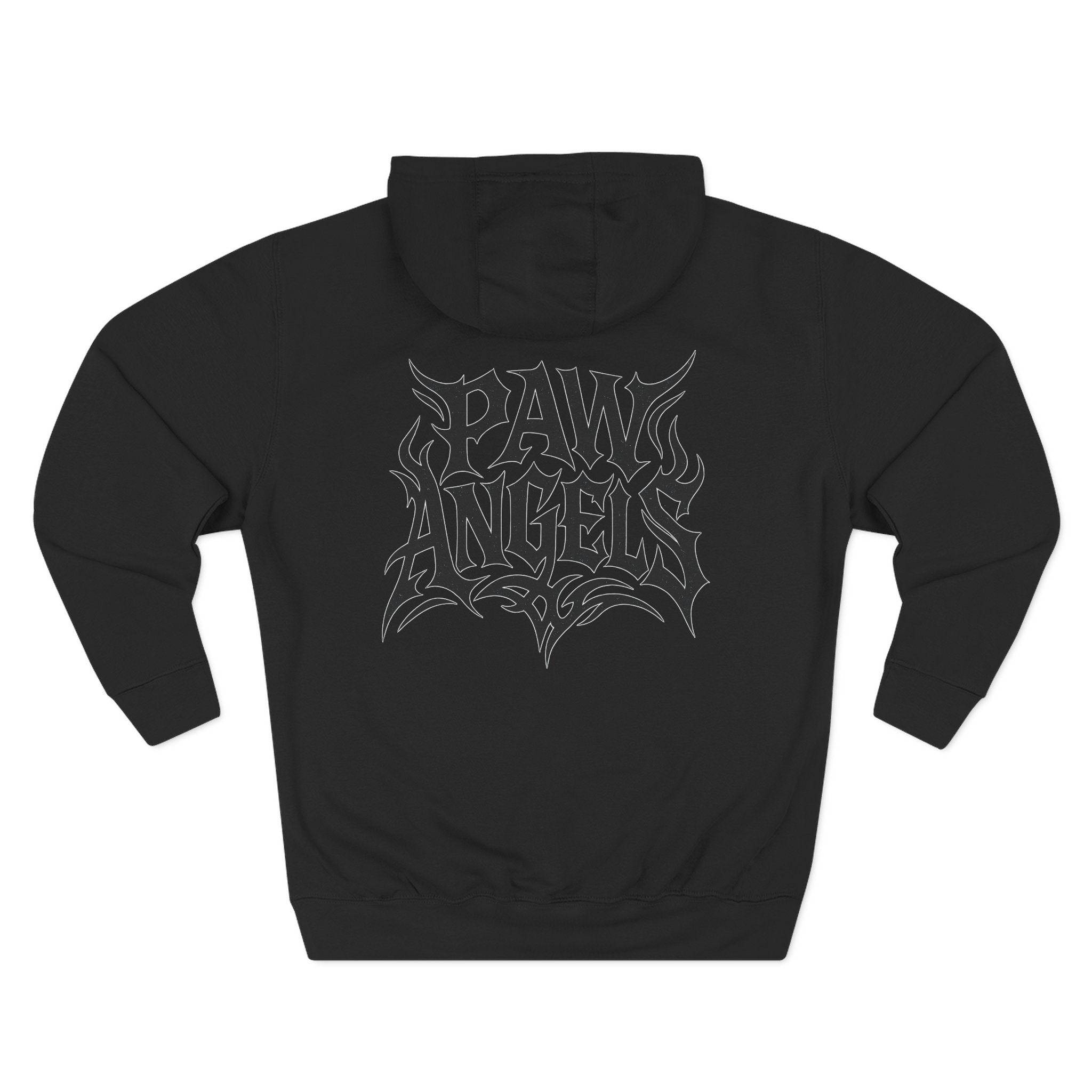 Back view of Paw Angels Tribal Logo design on black hoodie, hoodie for cat lovers