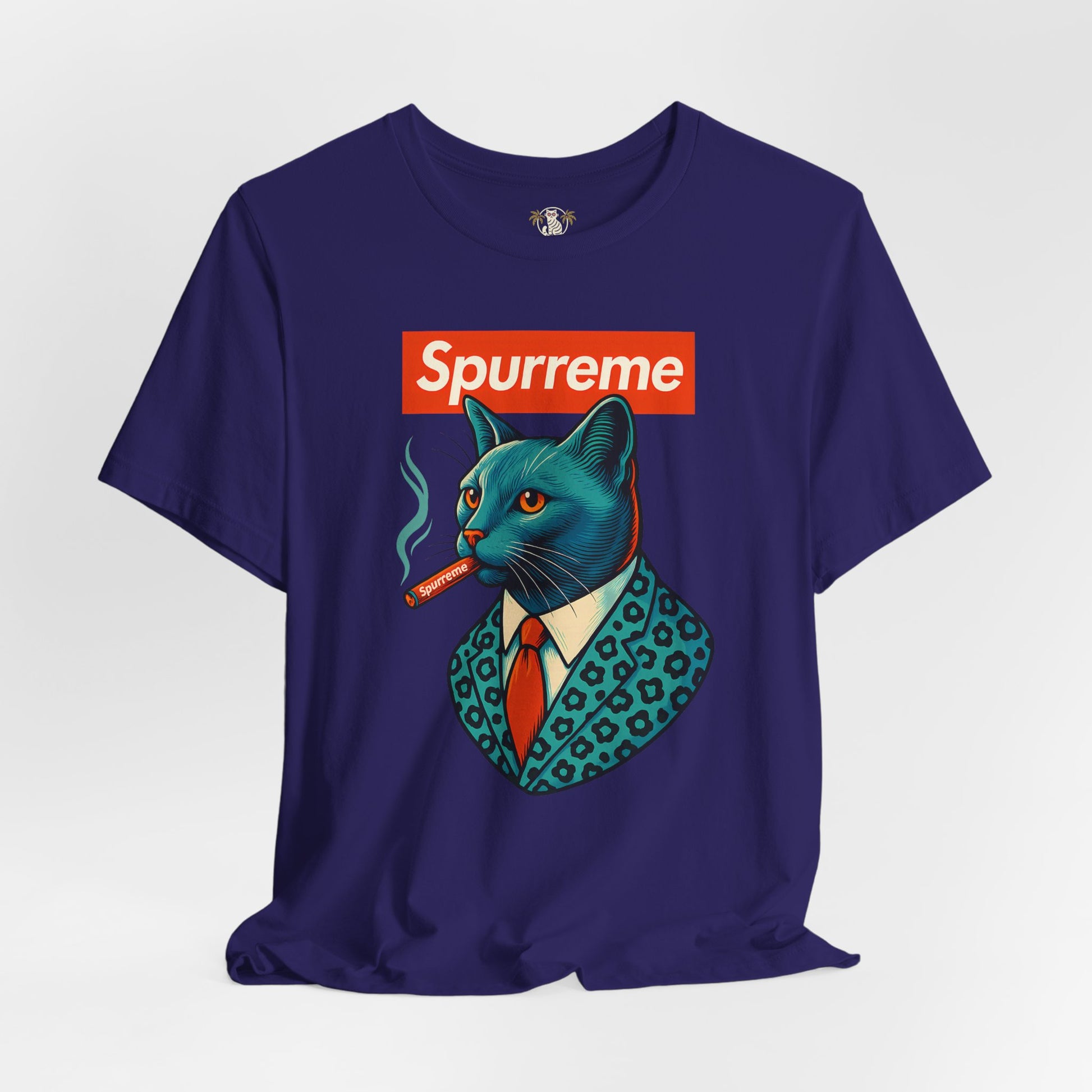 Purple Spurreme Ambassador Cat Graphic t shirt front view – cat lover shirts