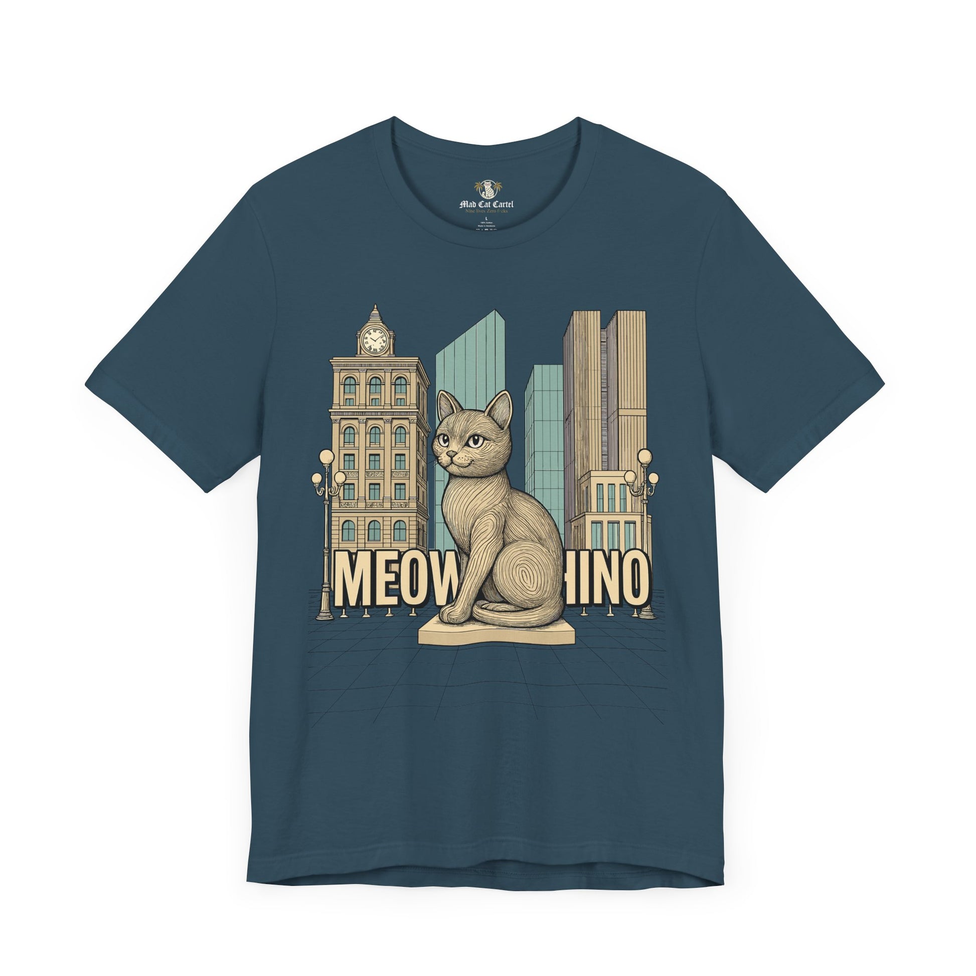 Cat themed shirts – deep teal unisex tee, front view, Meowschino city cat statue print