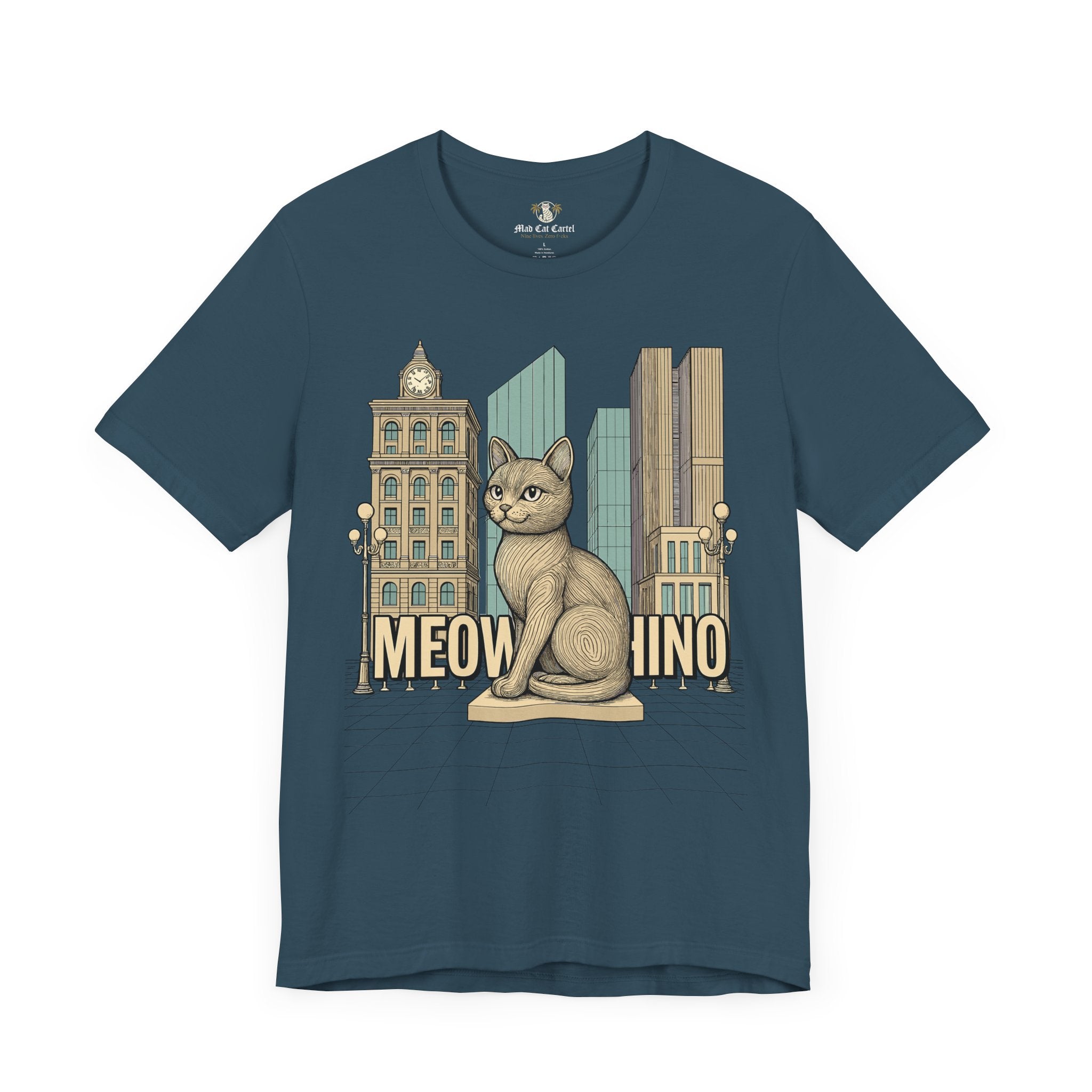 Cat themed shirts – deep teal unisex tee, front view, Meowschino city cat statue print