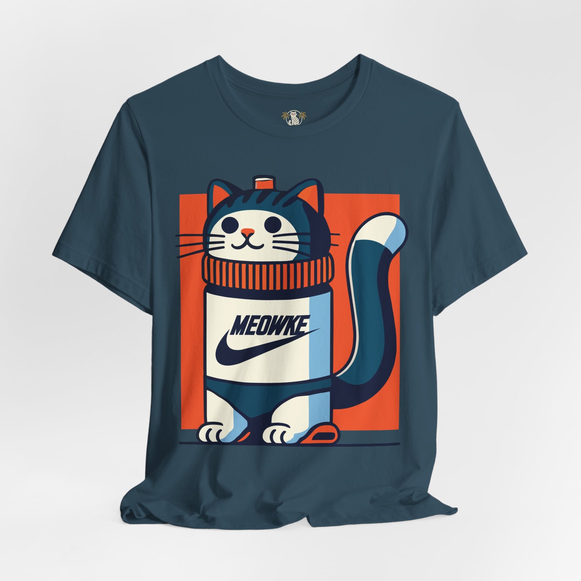 Funny cat shirts for men – deep teal unisex tee, folded front view, Meowke Swoosh bottle cat print