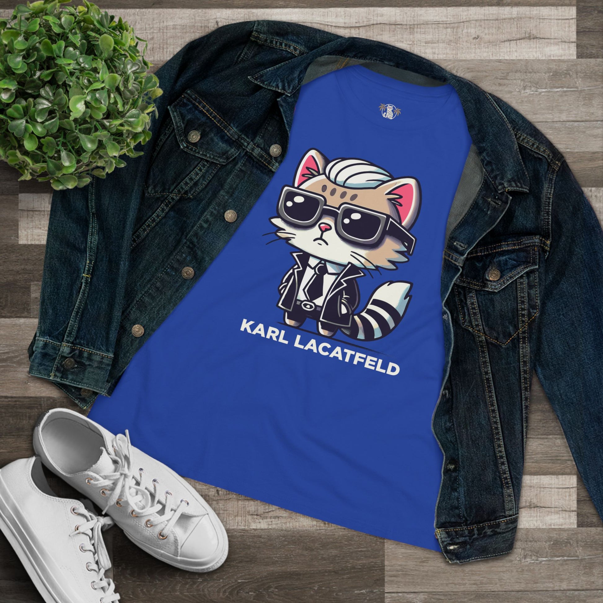 Flat lay Karl Lacatfeld Funny Shirts for Women in Blue with sneakers and denim jacket