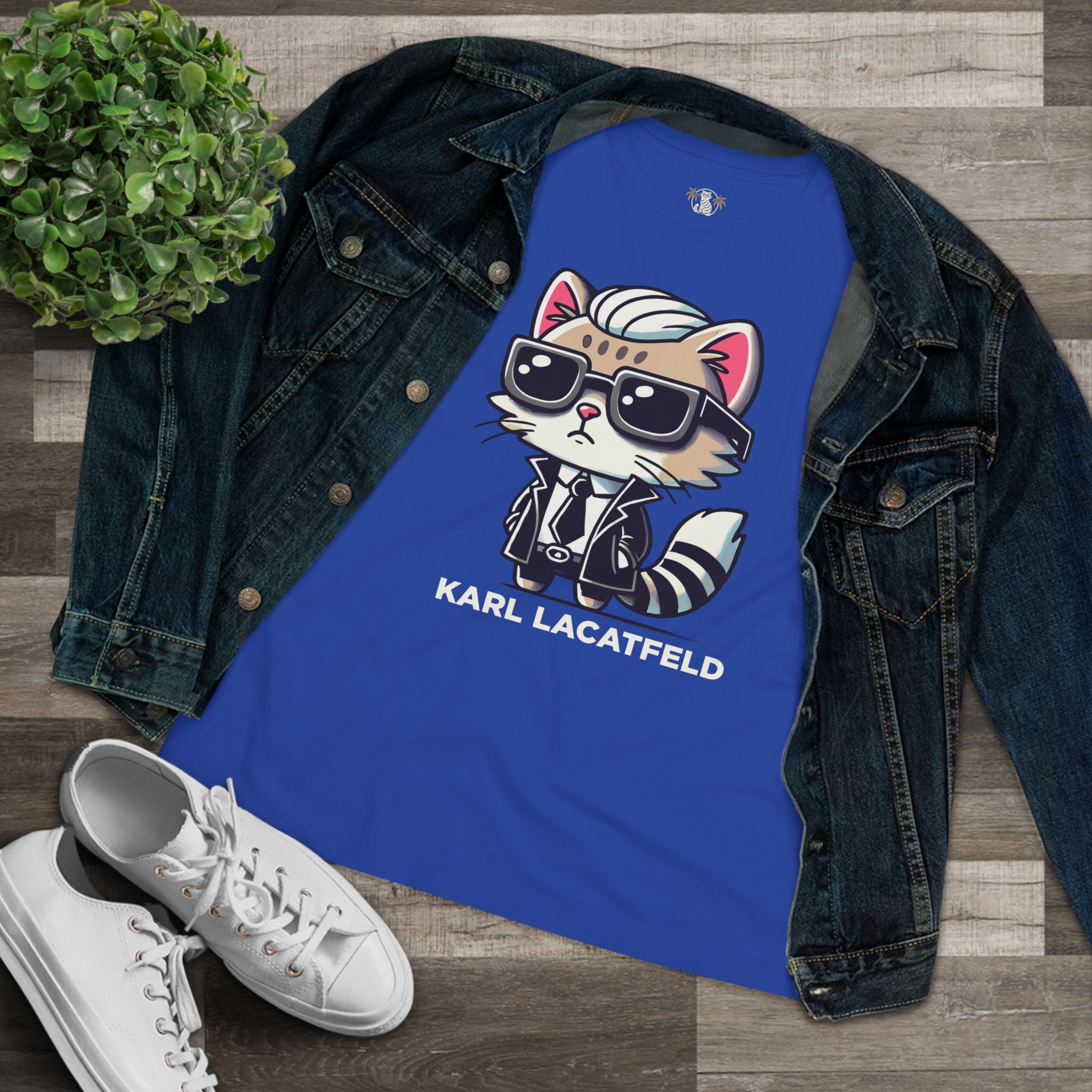 Flat lay Karl Lacatfeld Funny Shirts for Women in Blue with sneakers and denim jacket